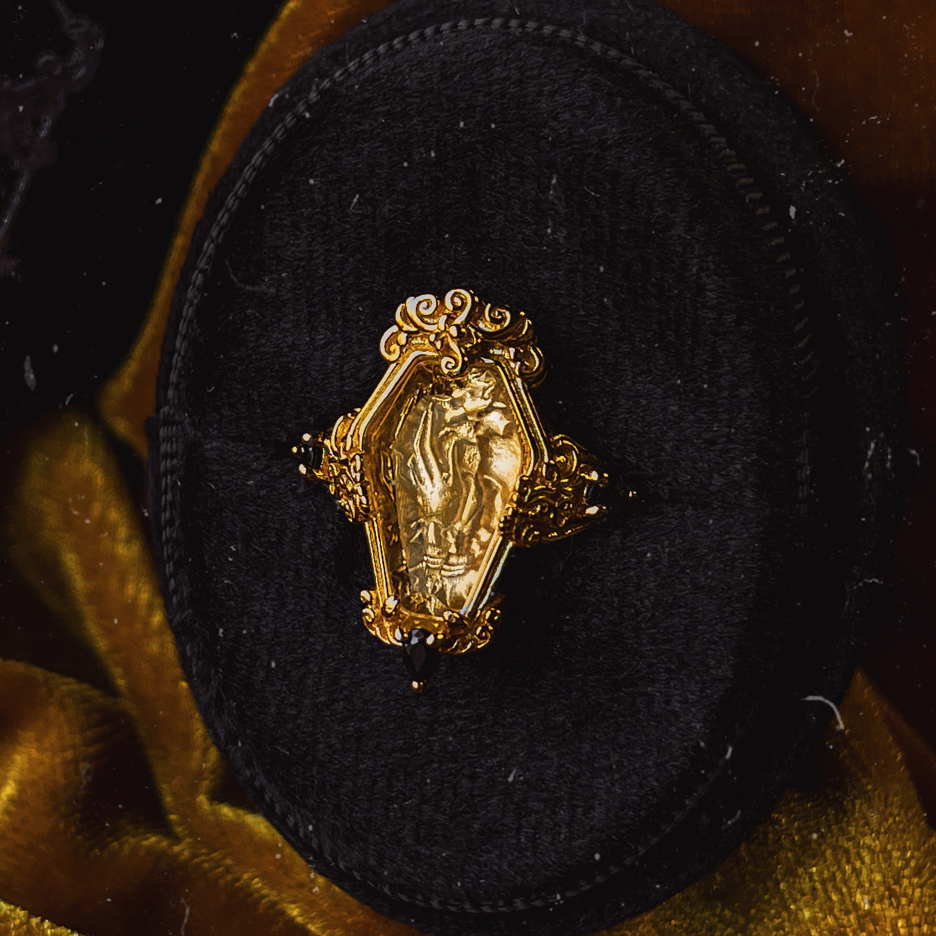 The GOLD "Mourning Hand” Glass Casket Ring
