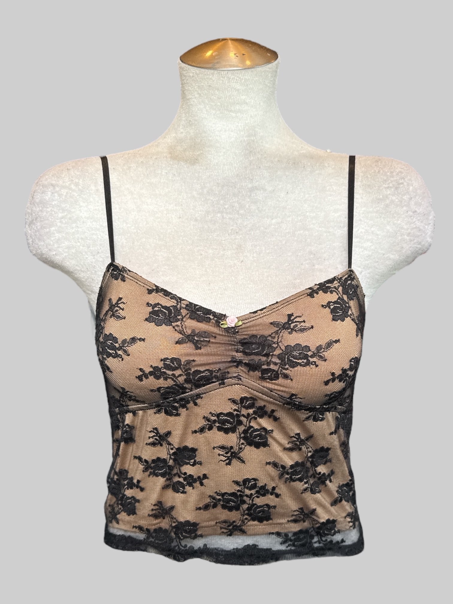 S Tan tank top with black floral  lace overlay and rose detail