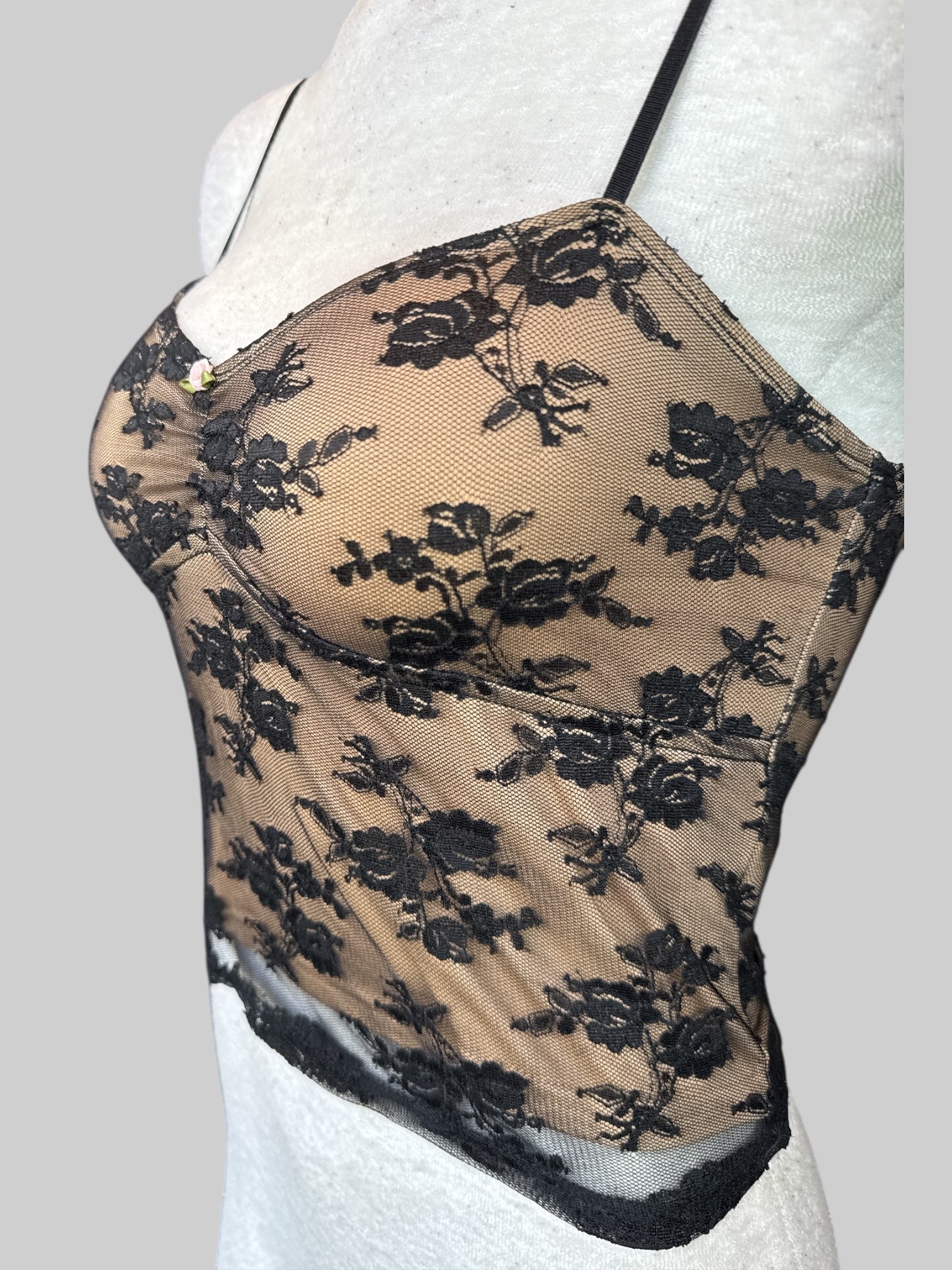 S Tan tank top with black floral  lace overlay and rose detail