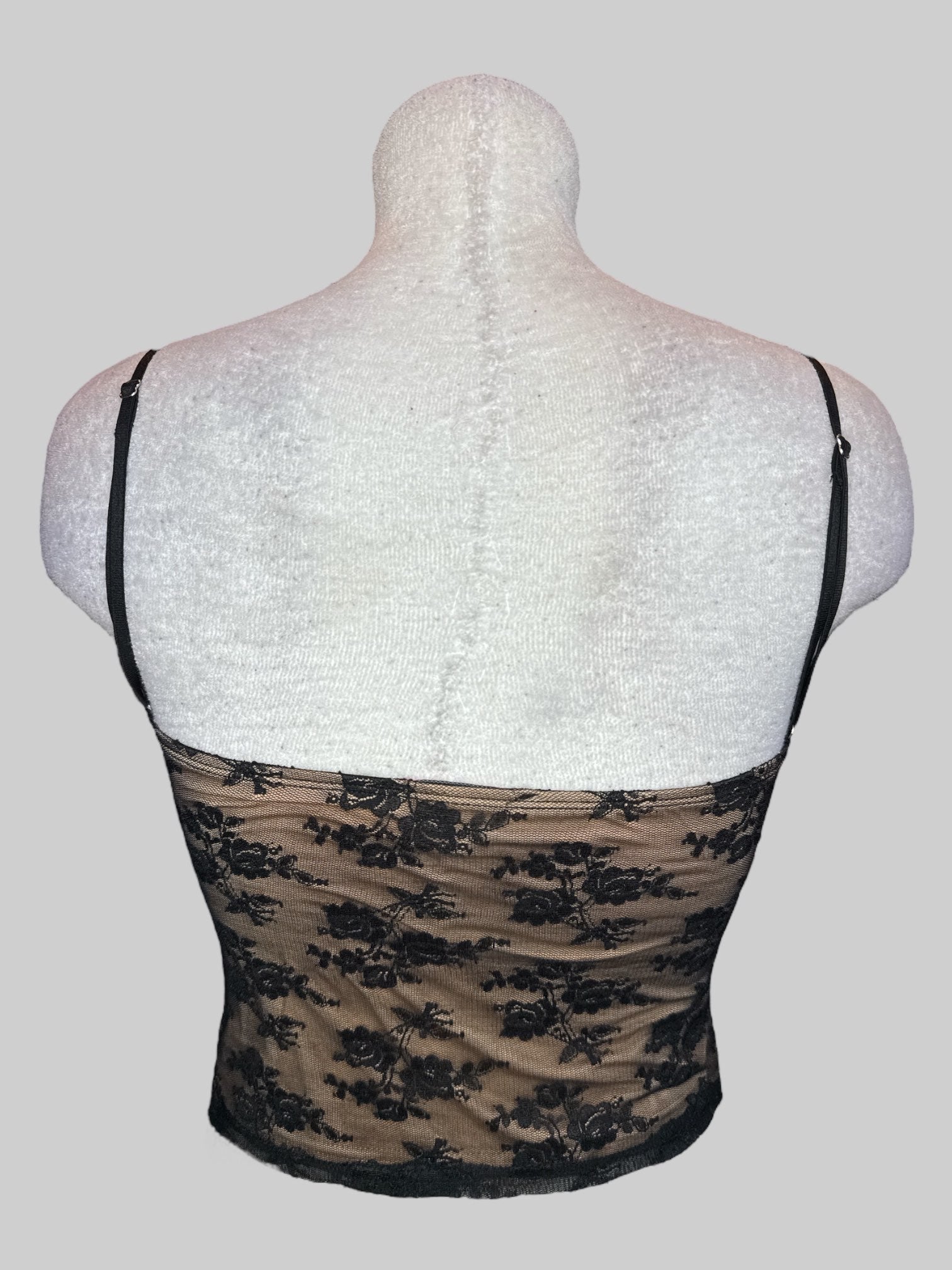 S Tan tank top with black floral  lace overlay and rose detail