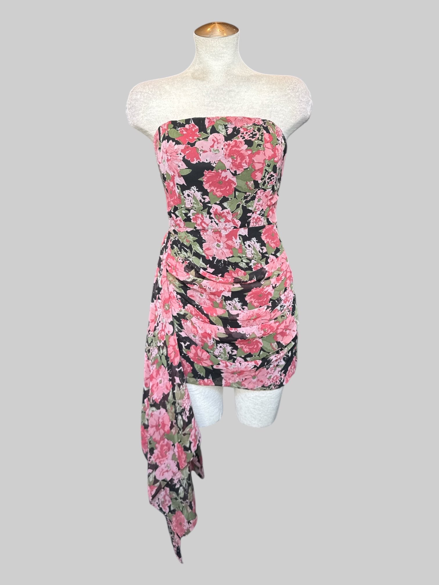 M NWT Black strapless dress with pink and green florals, pleating, draping, and flowy side