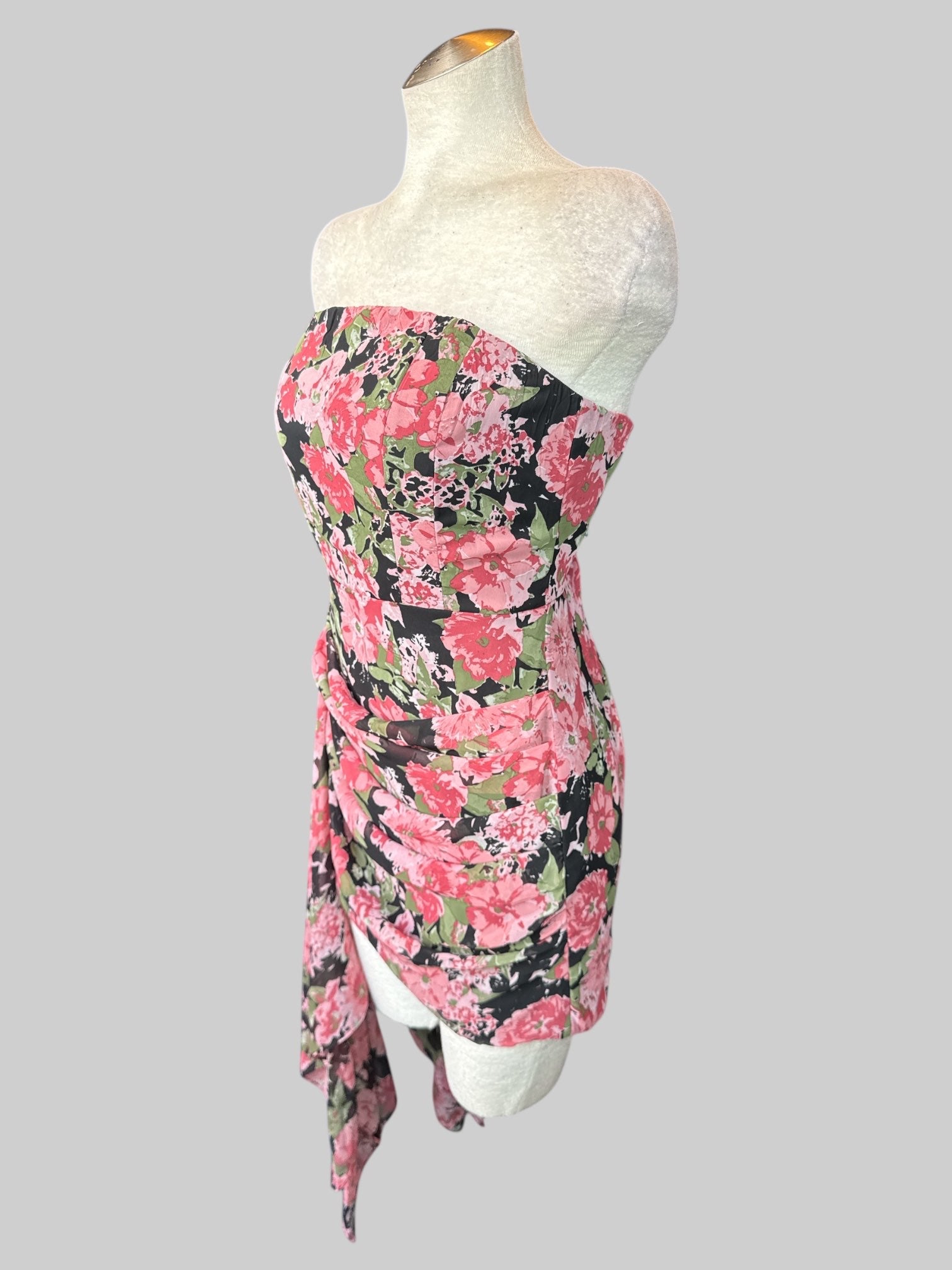 M NWT Black strapless dress with pink and green florals, pleating, draping, and flowy side