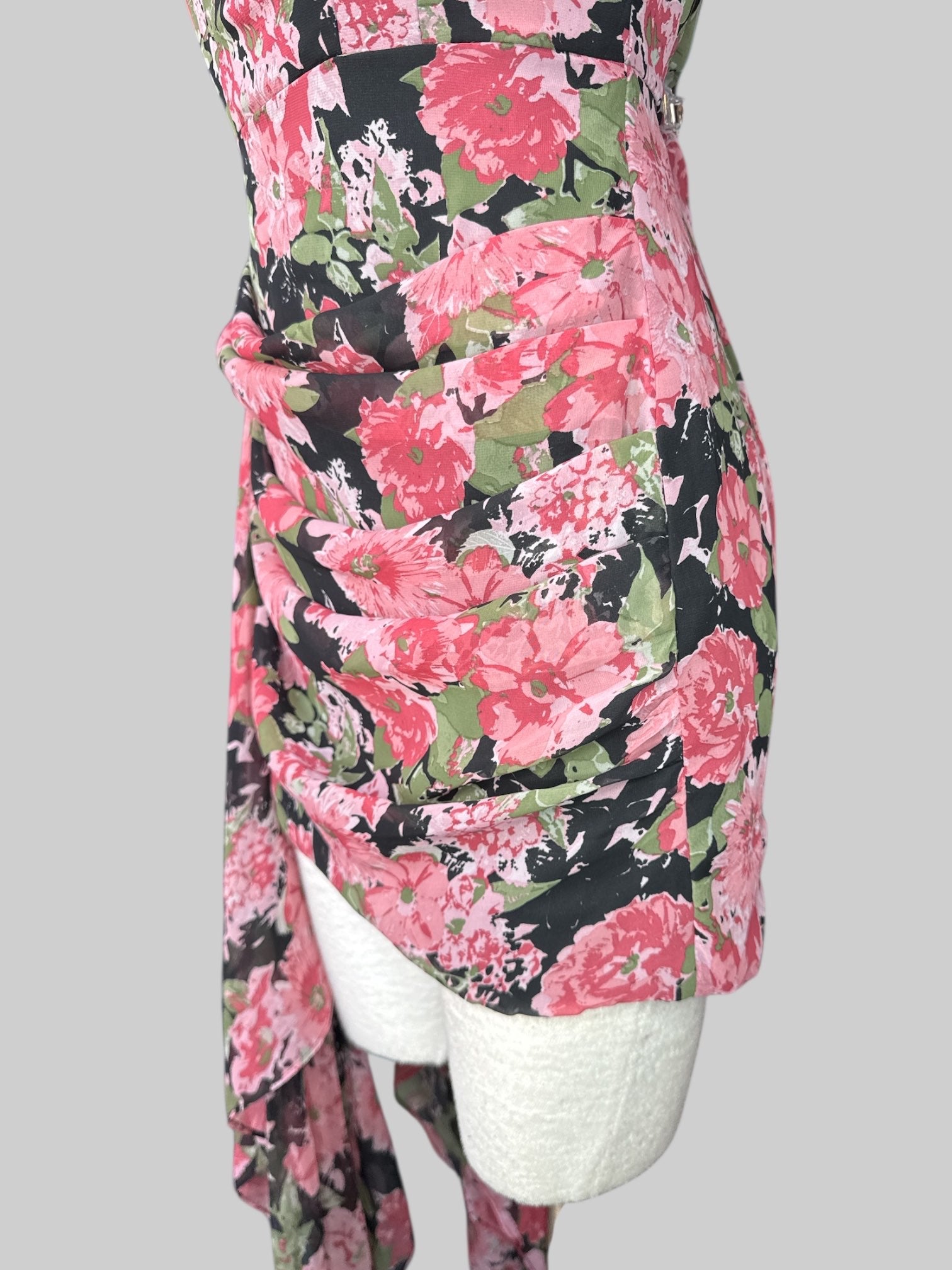 M NWT Black strapless dress with pink and green florals, pleating, draping, and flowy side