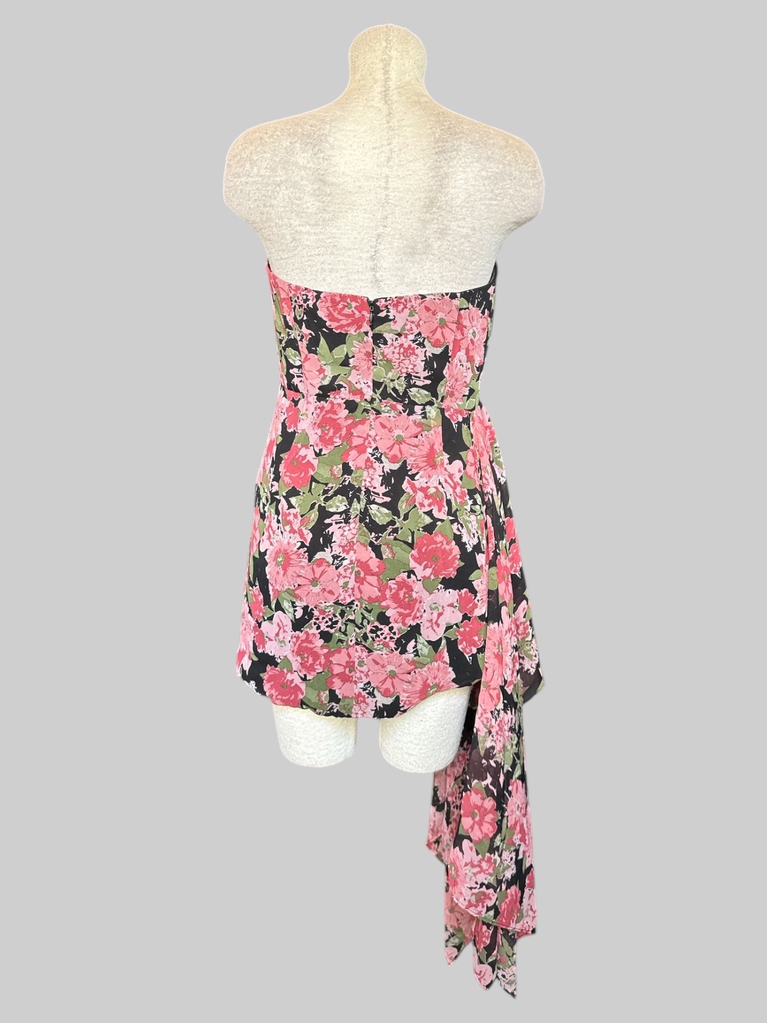 M NWT Black strapless dress with pink and green florals, pleating, draping, and flowy side