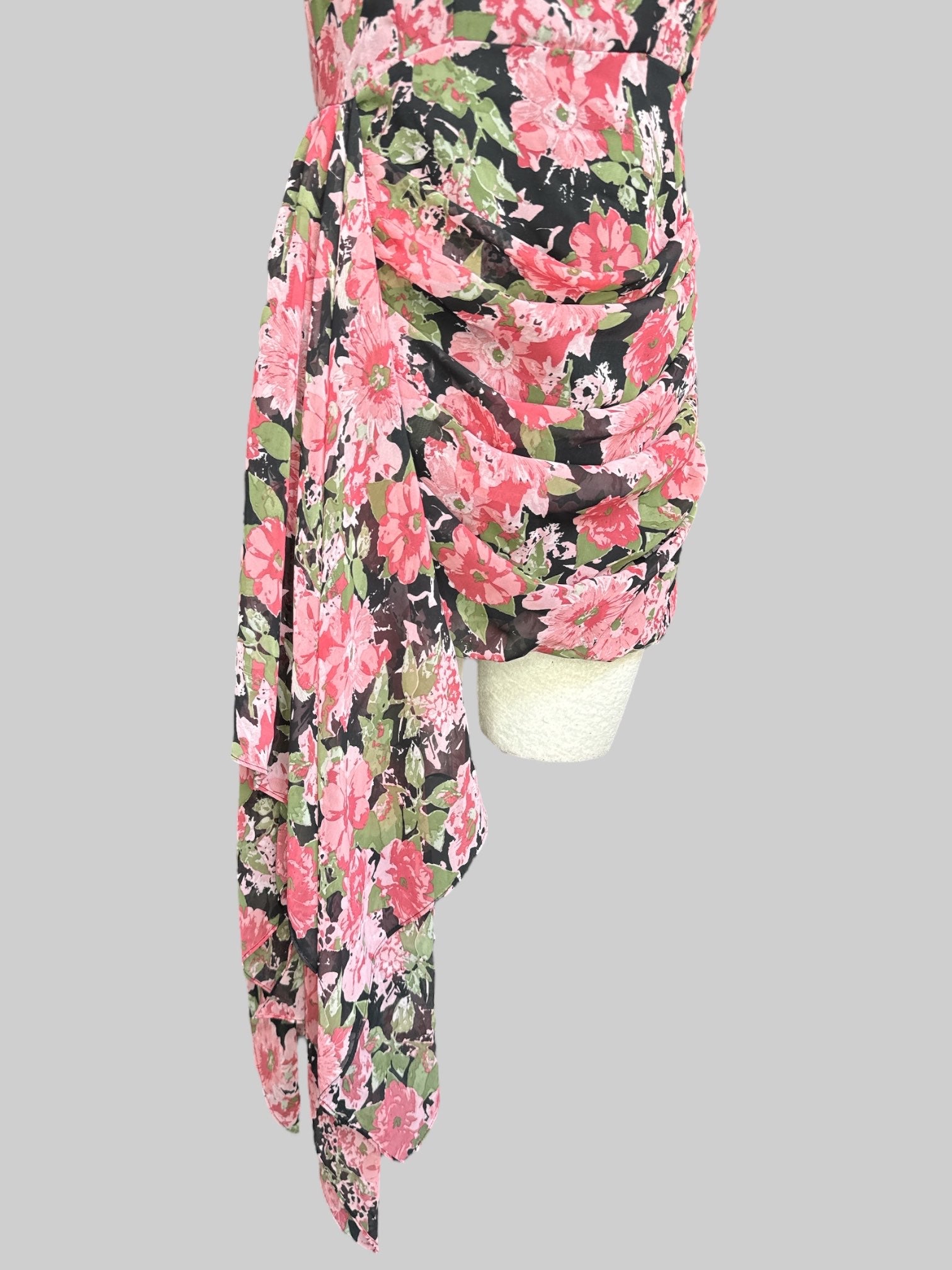 M NWT Black strapless dress with pink and green florals, pleating, draping, and flowy side