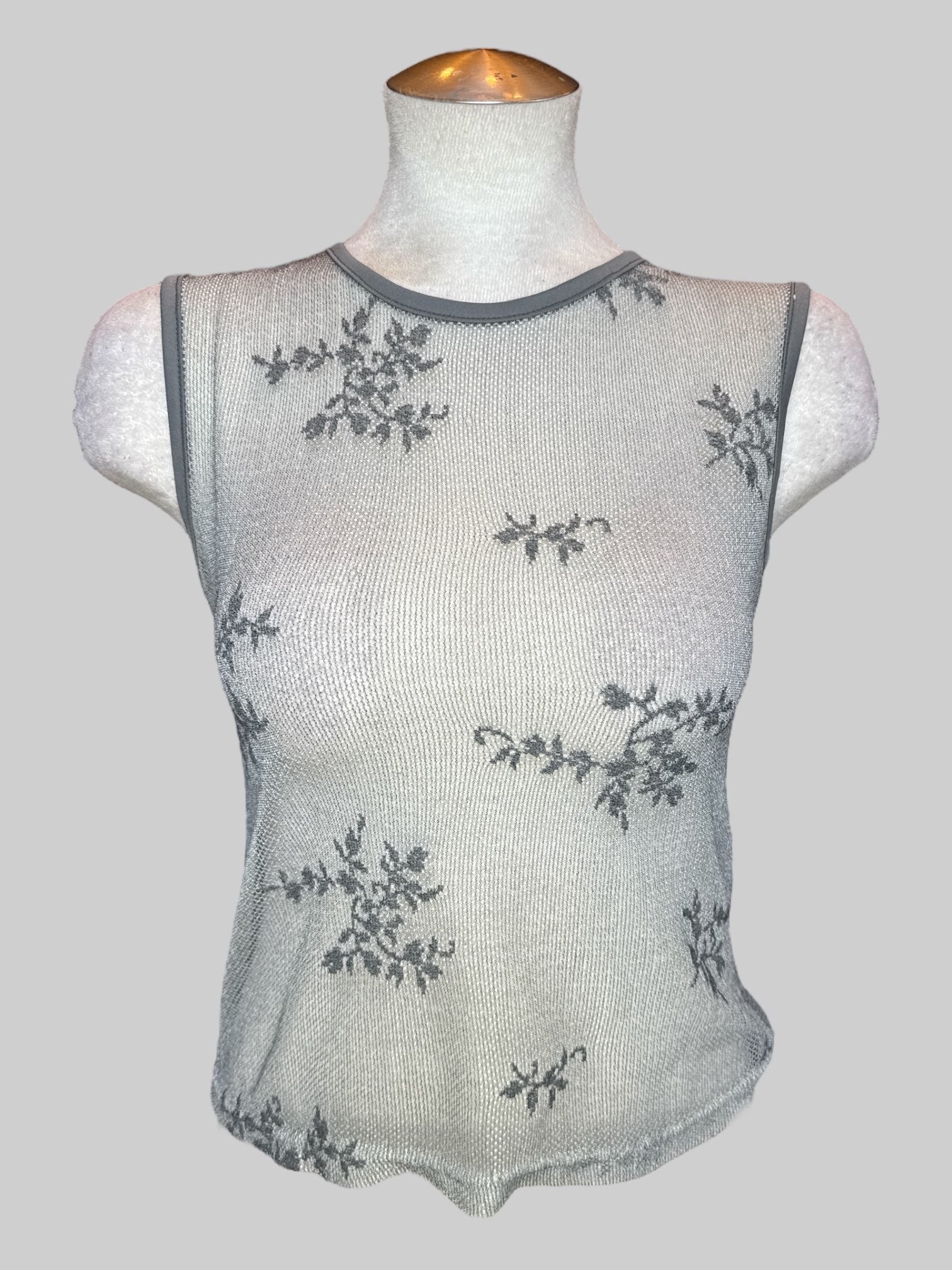 M Grey mesh sleeveless top with gray florals