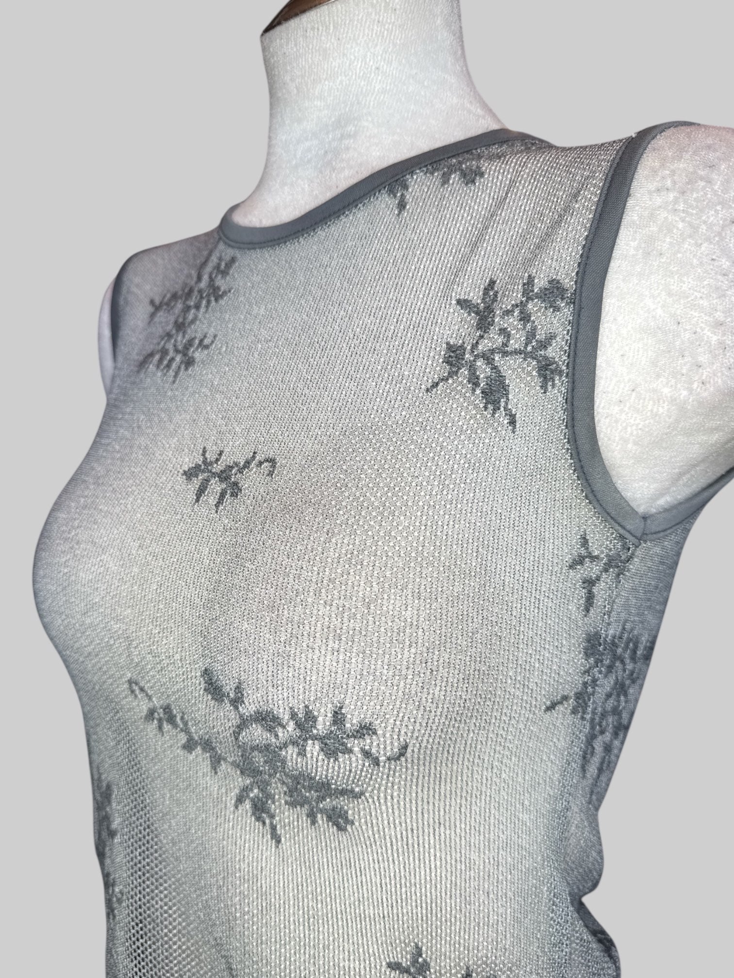 M Grey mesh sleeveless top with gray florals