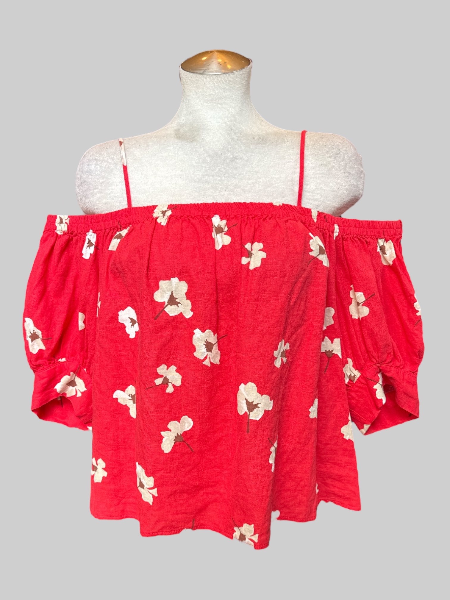 XL Pink off the shoulder top with white and brown florals, elastic waistband around chest,  and balloon sleeves