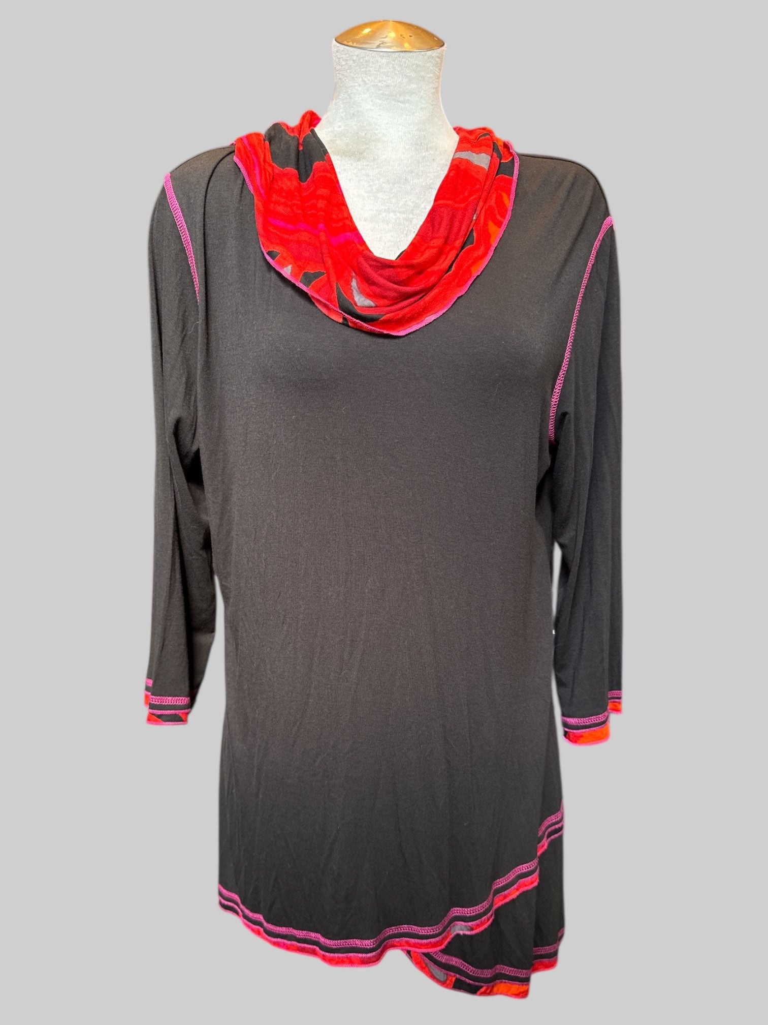XL NWT Black tunic top with red black gray and pink cowl neck and pink details