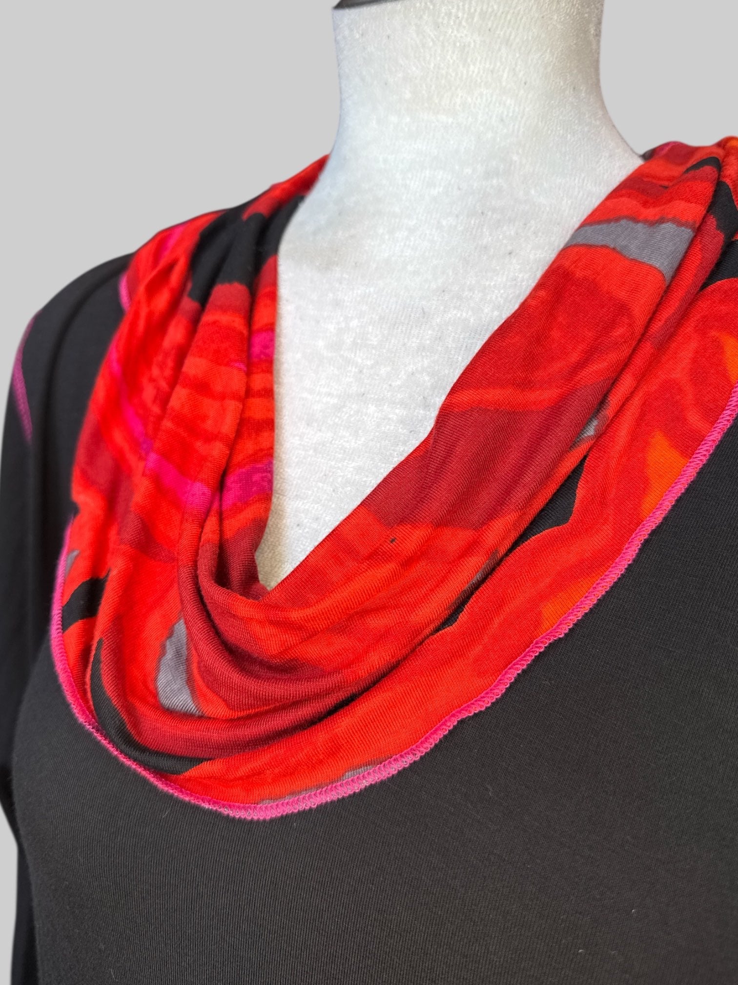 XL NWT Black tunic top with red black gray and pink cowl neck and pink details