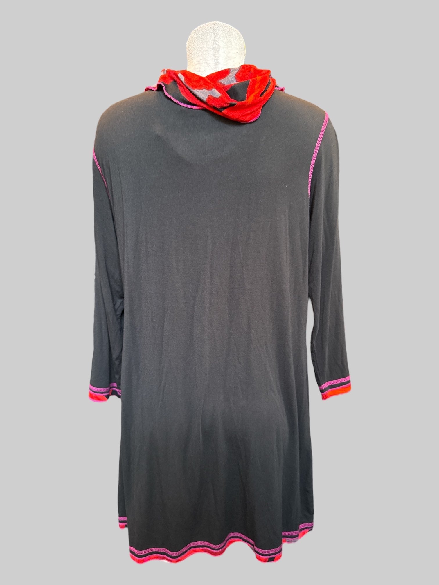 XL NWT Black tunic top with red black gray and pink cowl neck and pink details