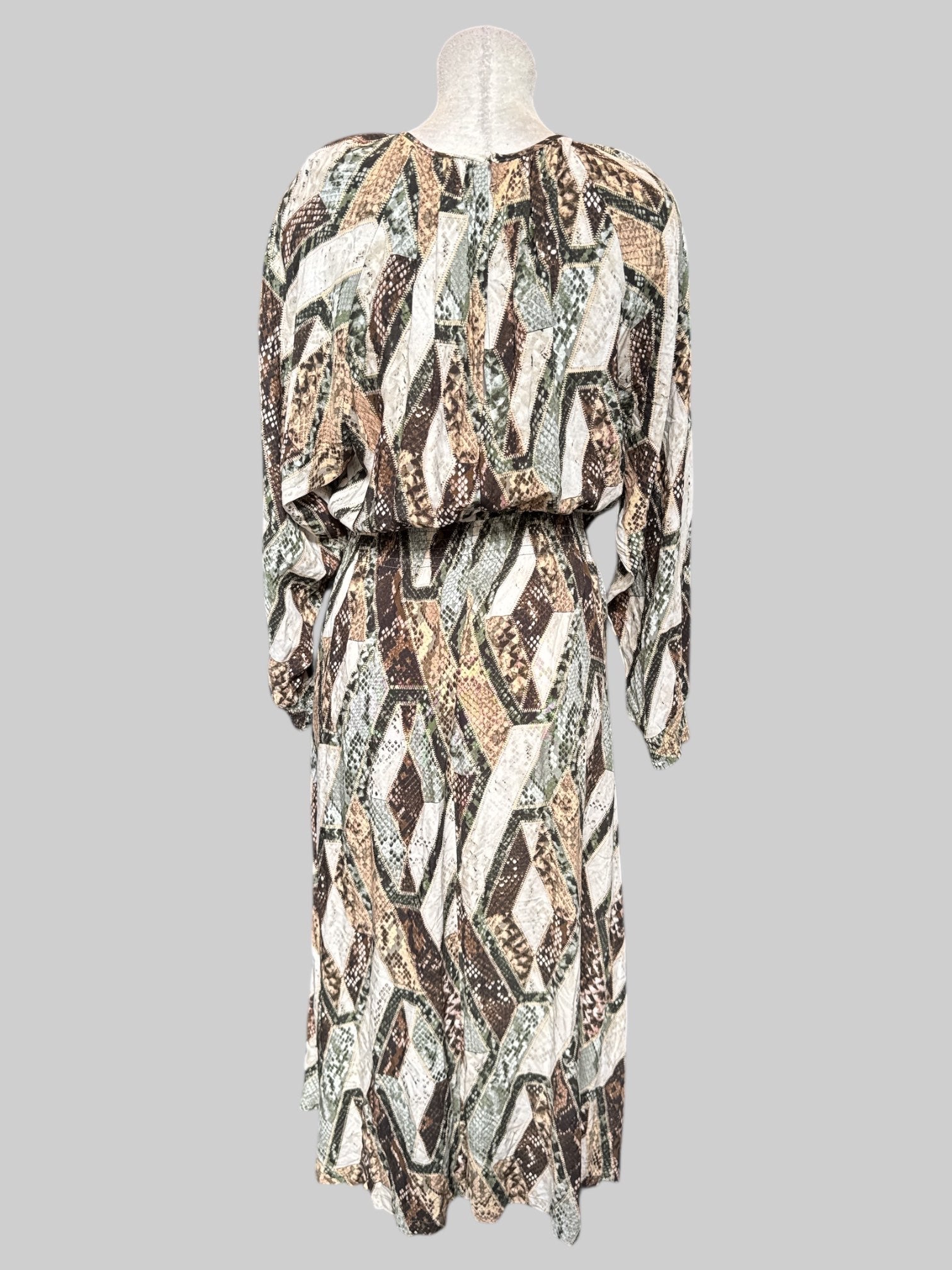 XL Brown white and green multi pattern flowy dress with elastic waistband and keyhole back