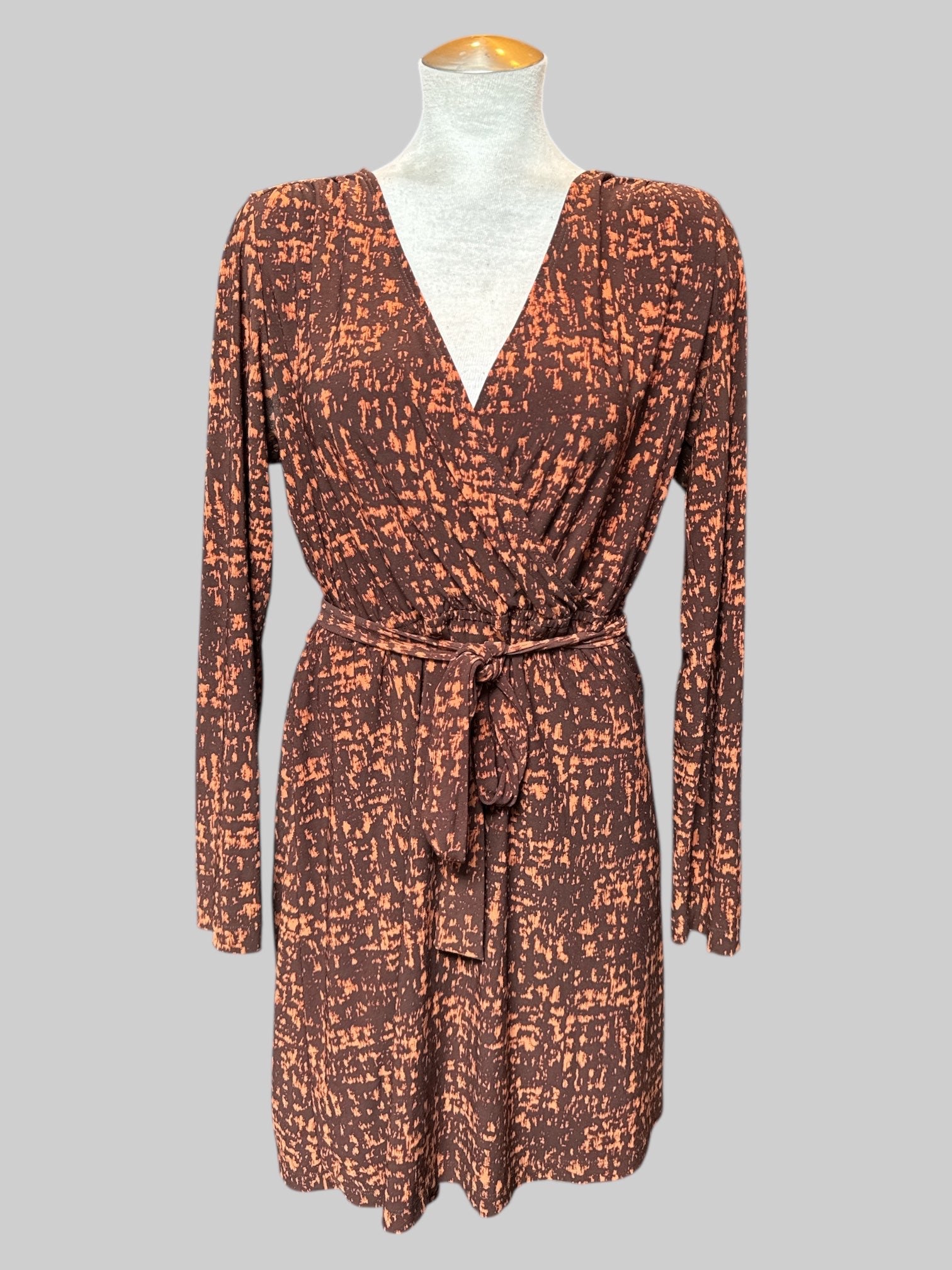 XL Brown and orange faux wrap dress with tie and elastic waistband