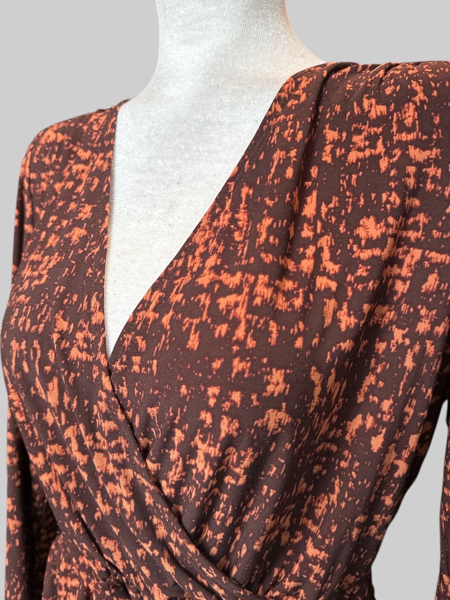 XL Brown and orange faux wrap dress with tie and elastic waistband