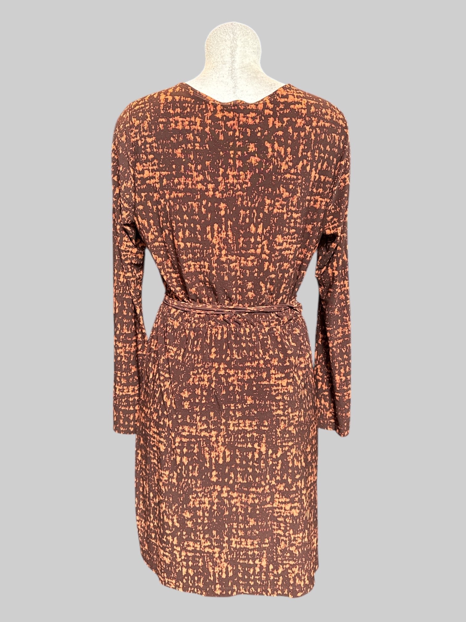 XL Brown and orange faux wrap dress with tie and elastic waistband