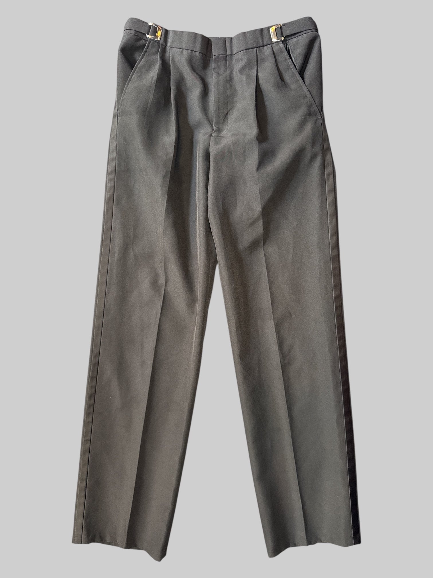 L Black dress pants with pockets, satin like strips on side, and adjustable waist with buckle clasp