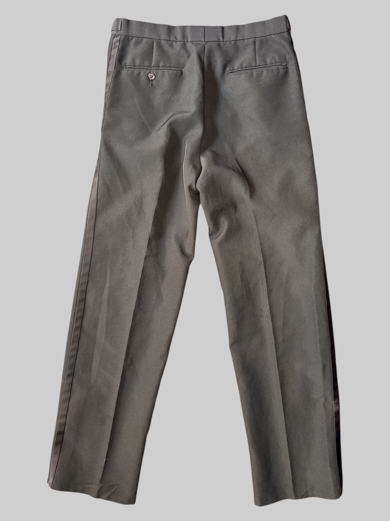 L Black dress pants with pockets, satin like strips on side, and adjustable waist with buckle clasp