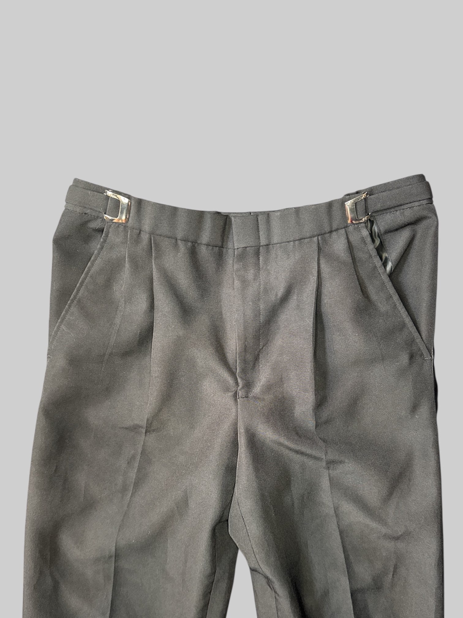 L Black dress pants with pockets, satin like strips on side, and adjustable waist with buckle clasp