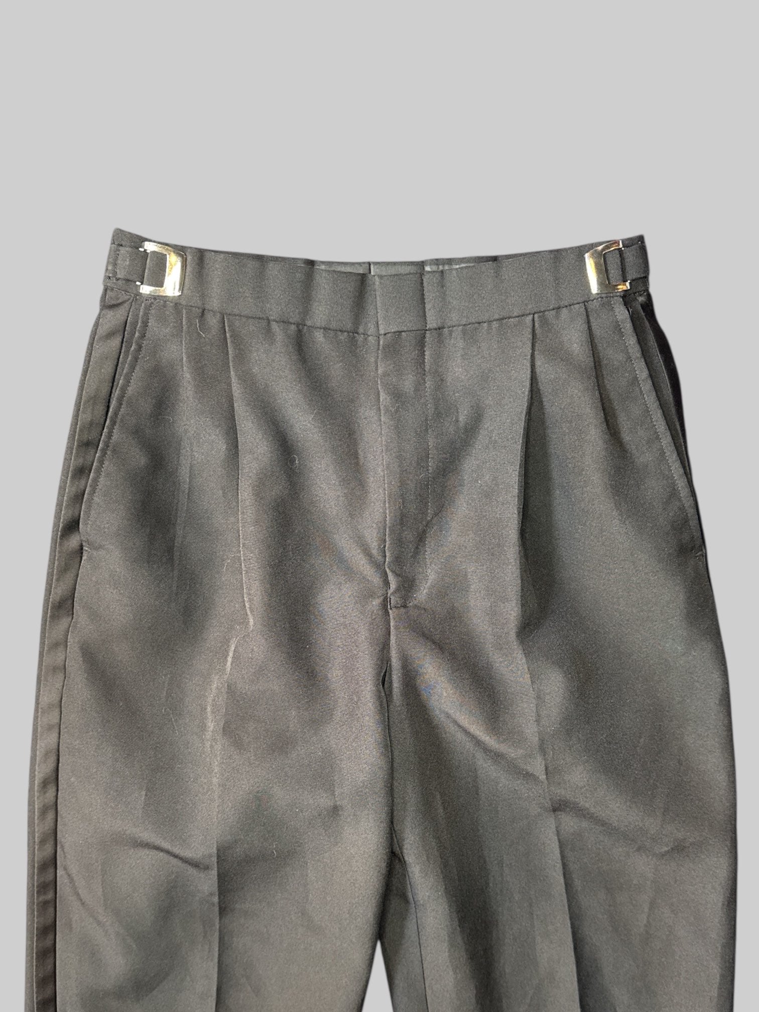 L Black dress pants with pockets, satin like strips on side, and adjustable waist with buckle clasp