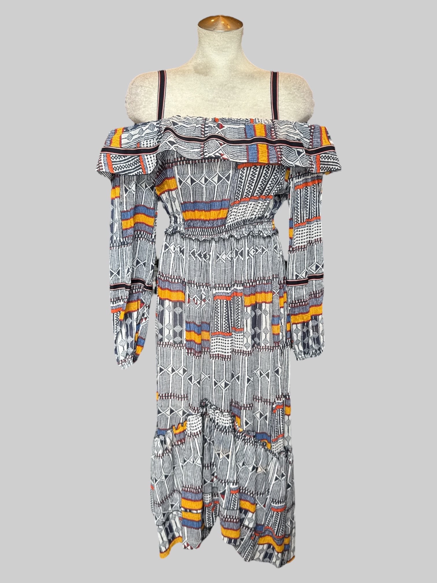 M LemLem made in Kenya beautiful multicolor dress with geometric designs and cold shoulders