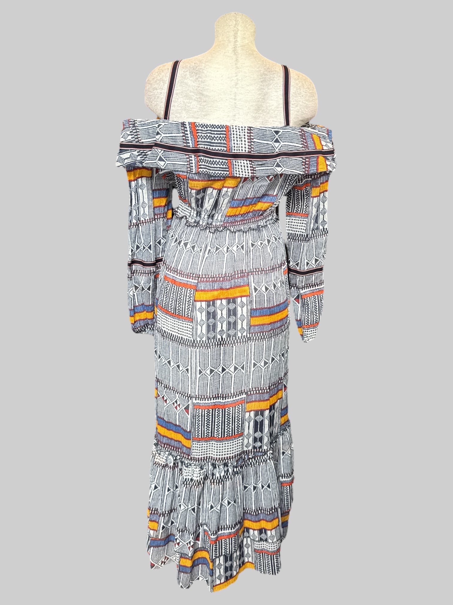 M LemLem made in Kenya beautiful multicolor dress with geometric designs and cold shoulders