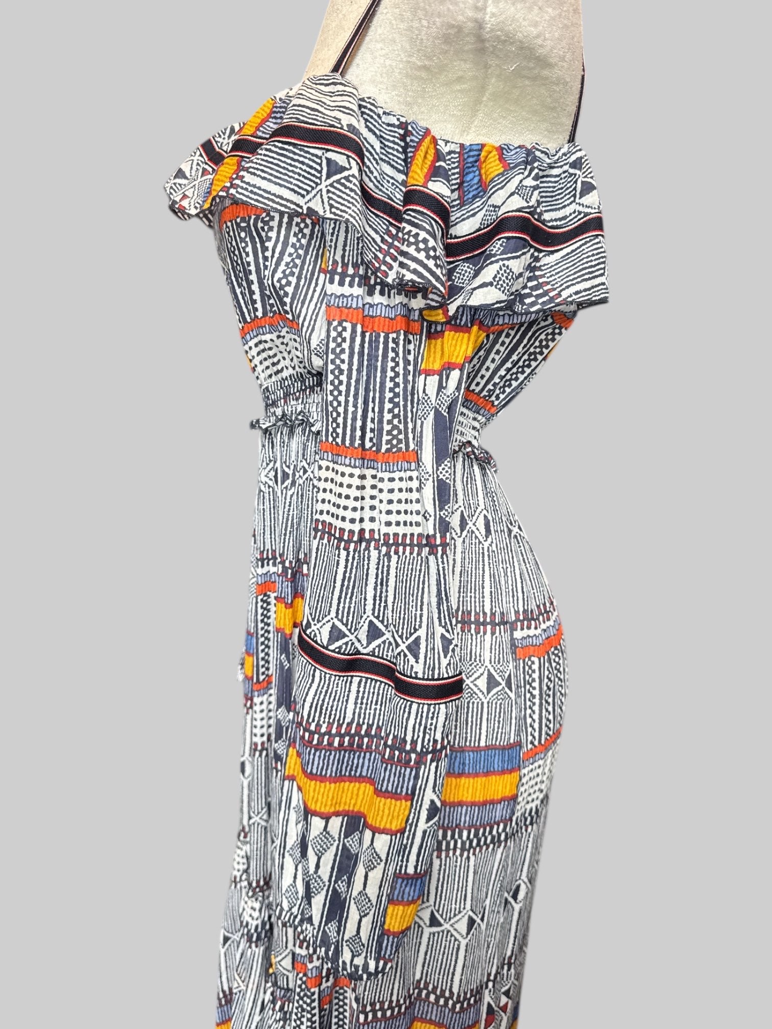 M LemLem made in Kenya beautiful multicolor dress with geometric designs and cold shoulders