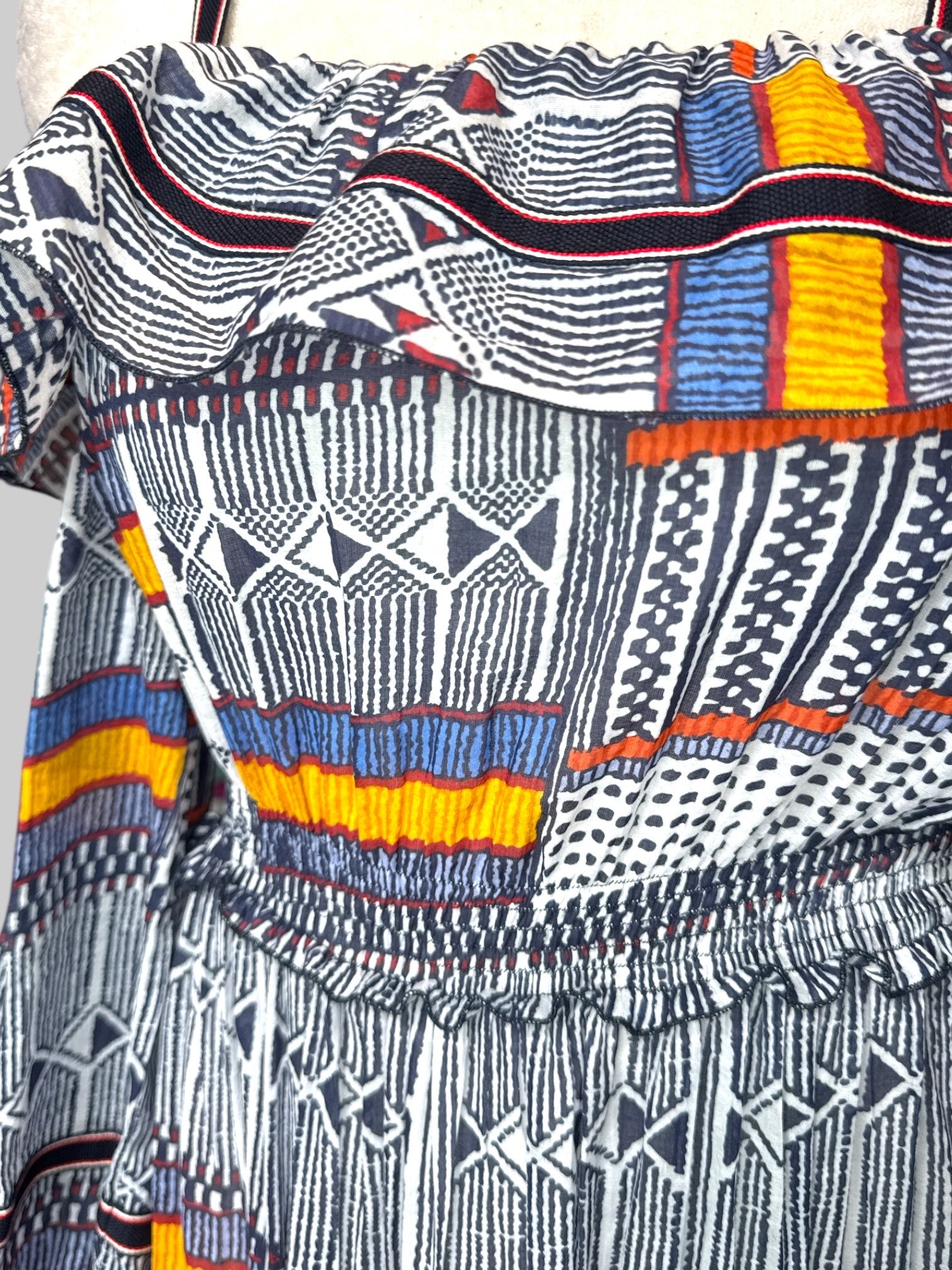 M LemLem made in Kenya beautiful multicolor dress with geometric designs and cold shoulders
