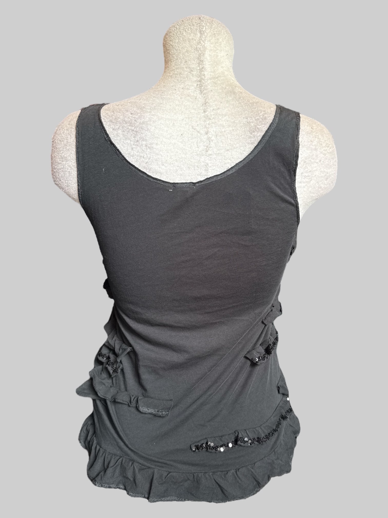 S Black sleeveless top with ruffles, and sequin