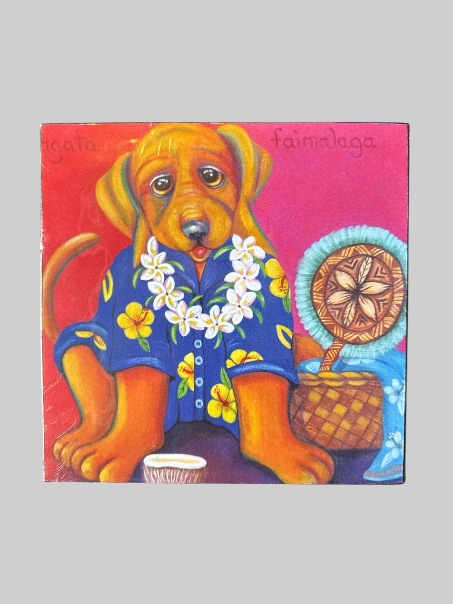 Beagle in Hawaiian shirt print on wooden frame
