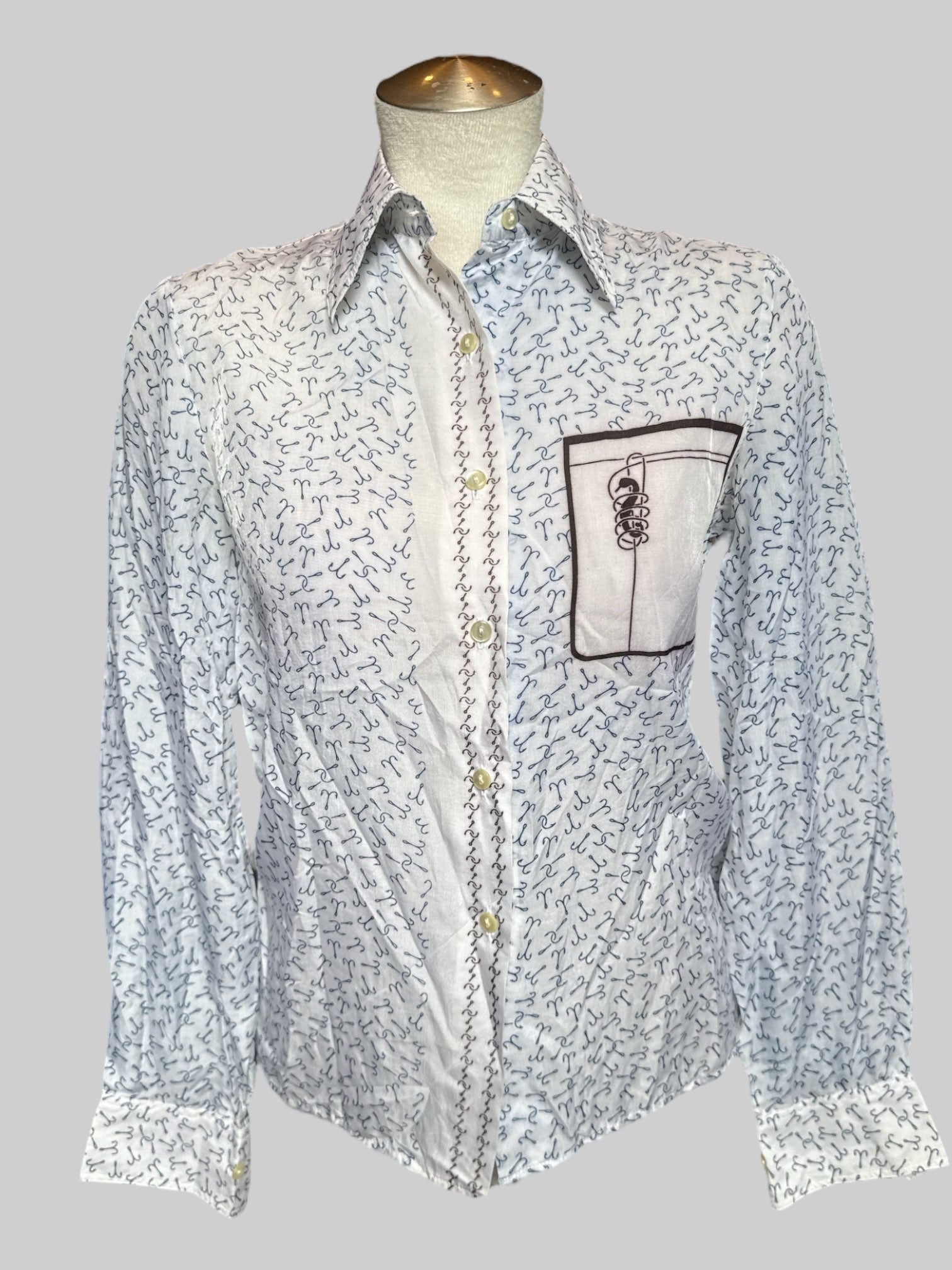 S Vintage white button up with blue fish hooks, brown details, and snake
