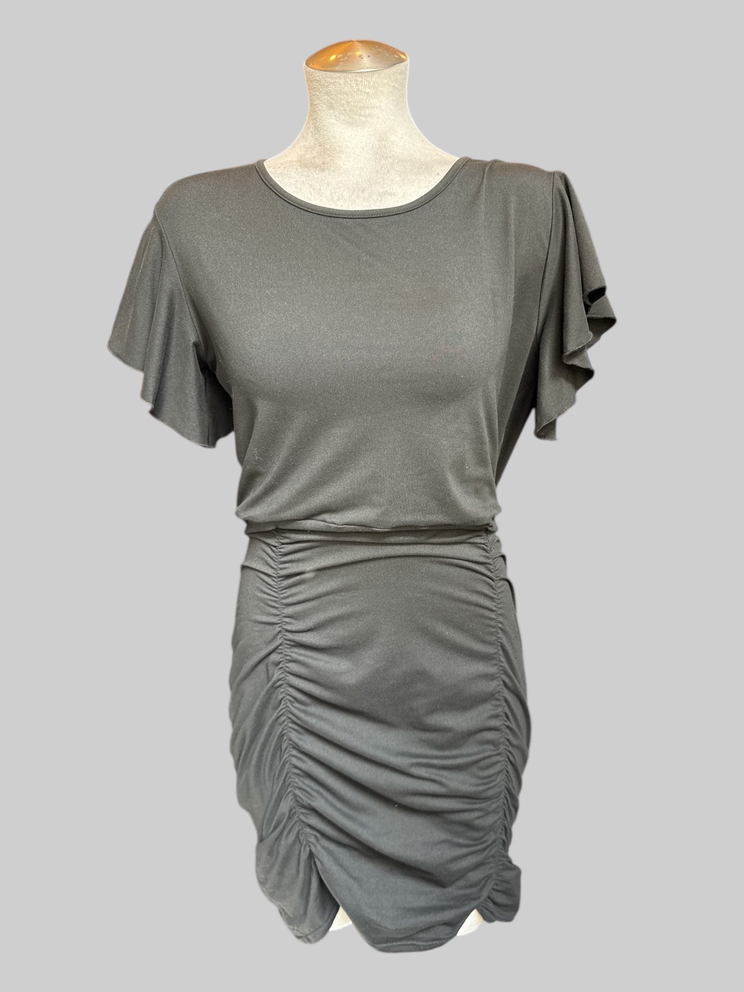 L Black body con dress with lots of ruching on bottom