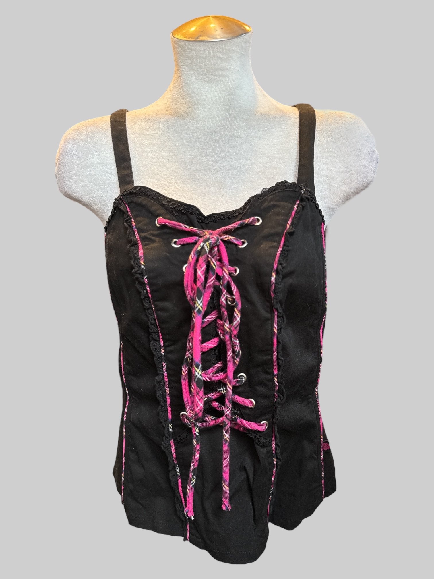 L Vintage Tripp NYC black corset style top with pink laces and zipper in back