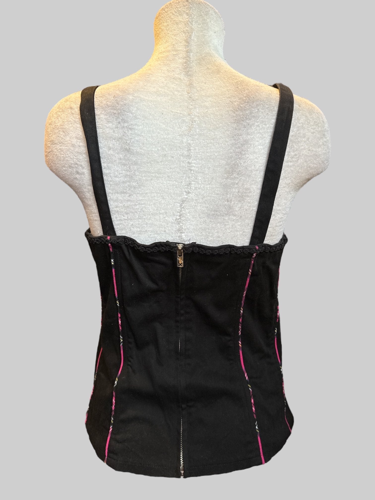 L Vintage Tripp NYC black corset style top with pink laces and zipper in back