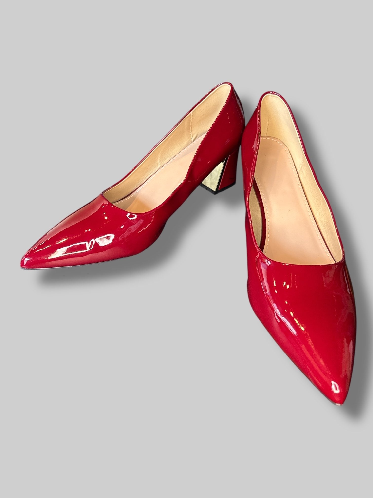 Size 46 European Red vinyl like pointed heels with gold details on heel