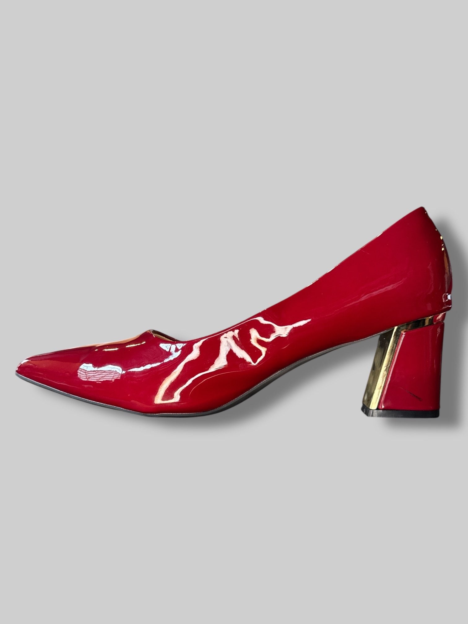 Size 46 European Red vinyl like pointed heels with gold details on heel