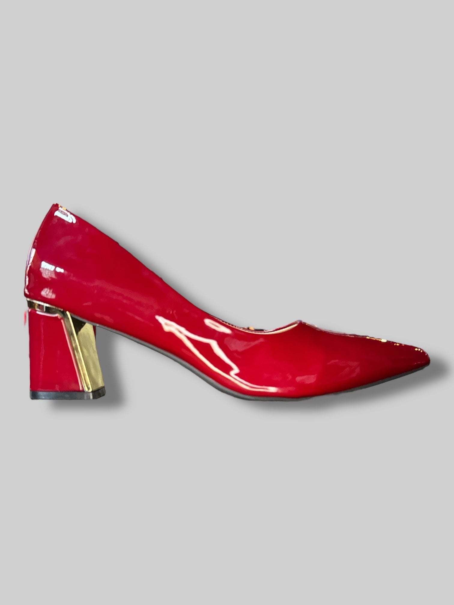 Size 46 European Red vinyl like pointed heels with gold details on heel