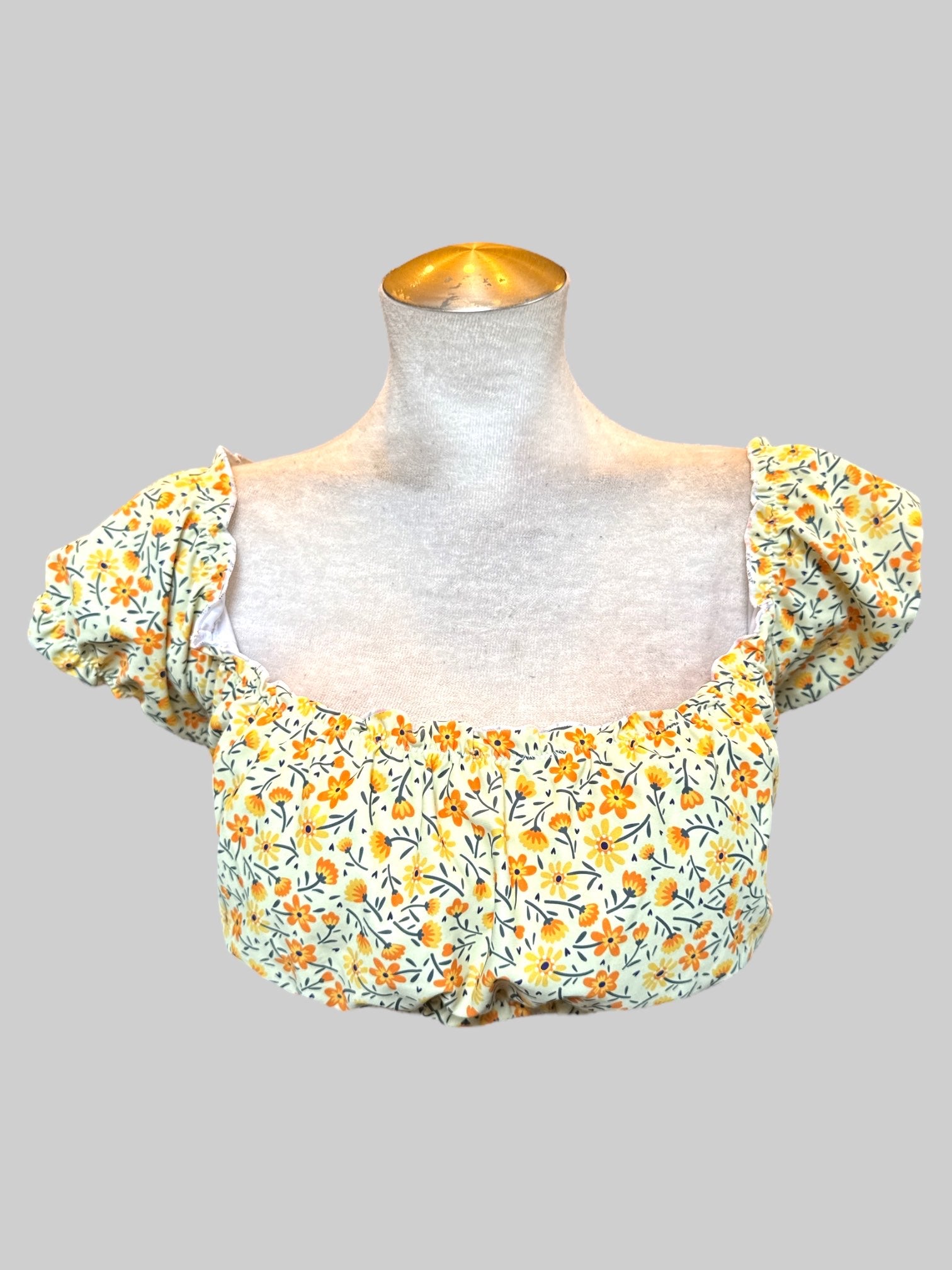 XL Cropped swimsuit top with orange yellow green florals and balloon sleeve