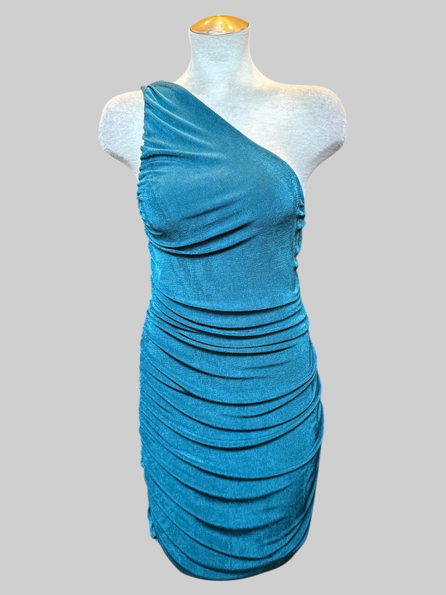 XL Body con blue one shoulder dress with lots of ruching and draping