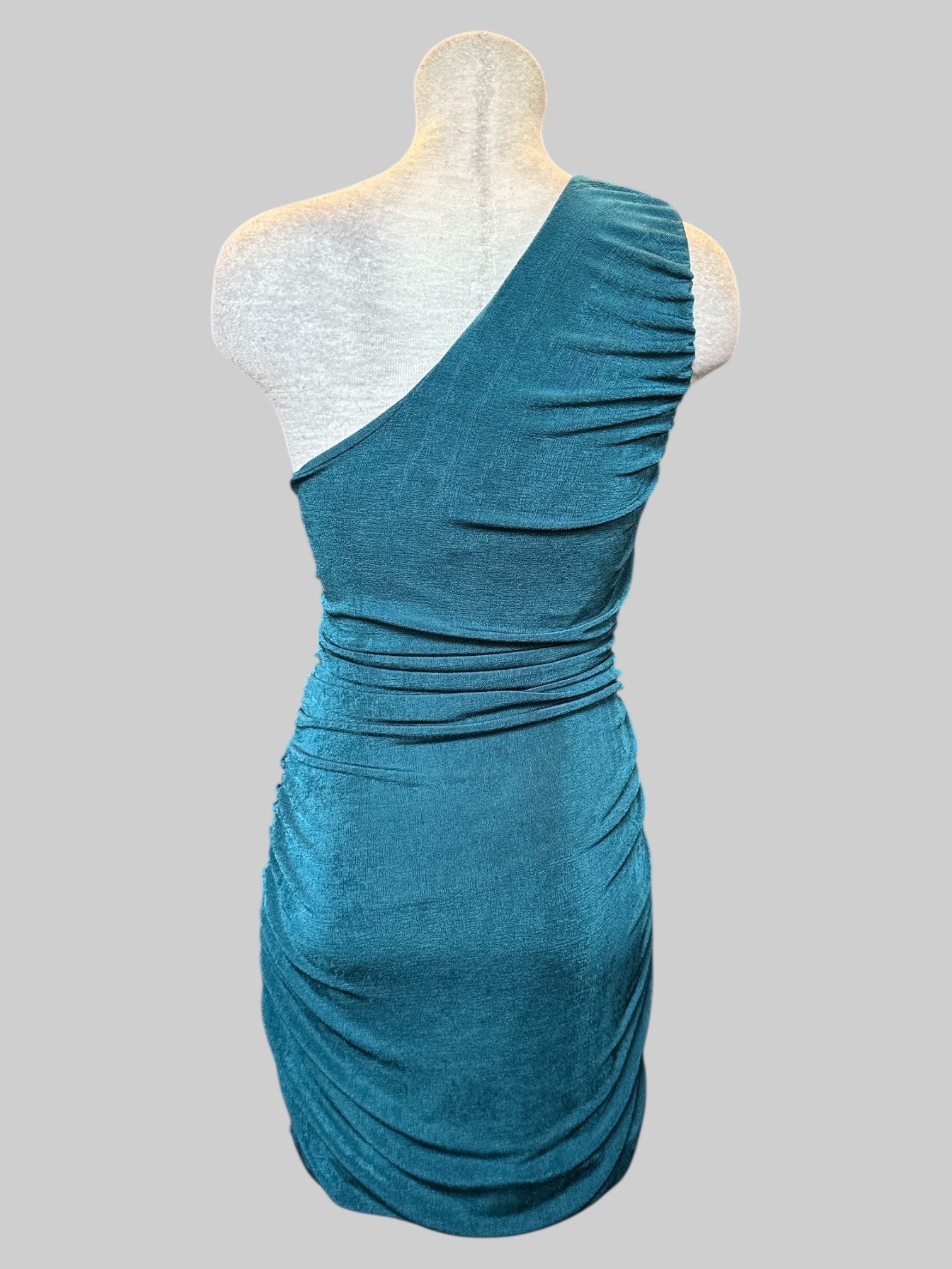XL Body con blue one shoulder dress with lots of ruching and draping