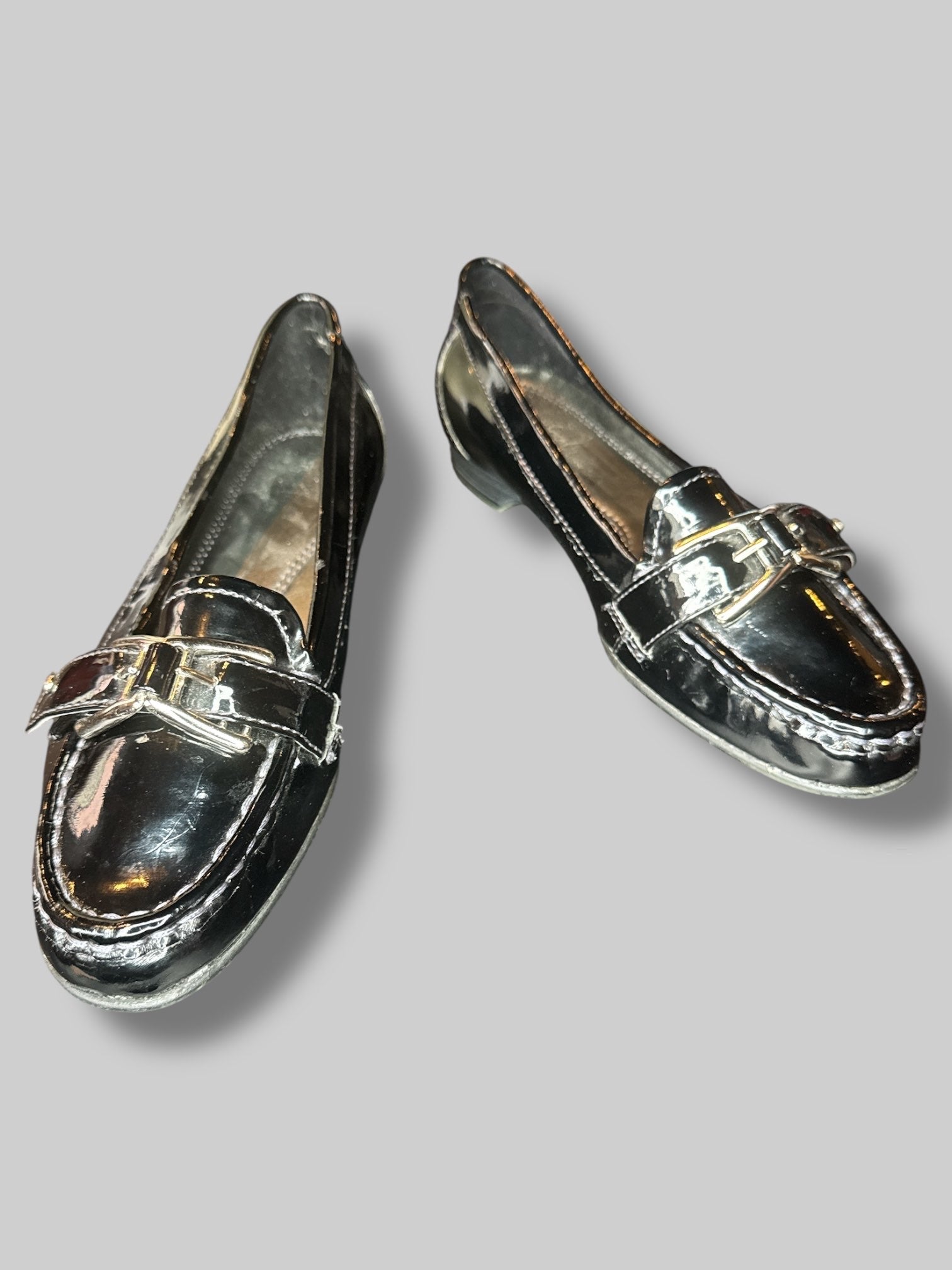 Size 6 1/2M Vintage Black vinyl like flats with decorative buckles on toe