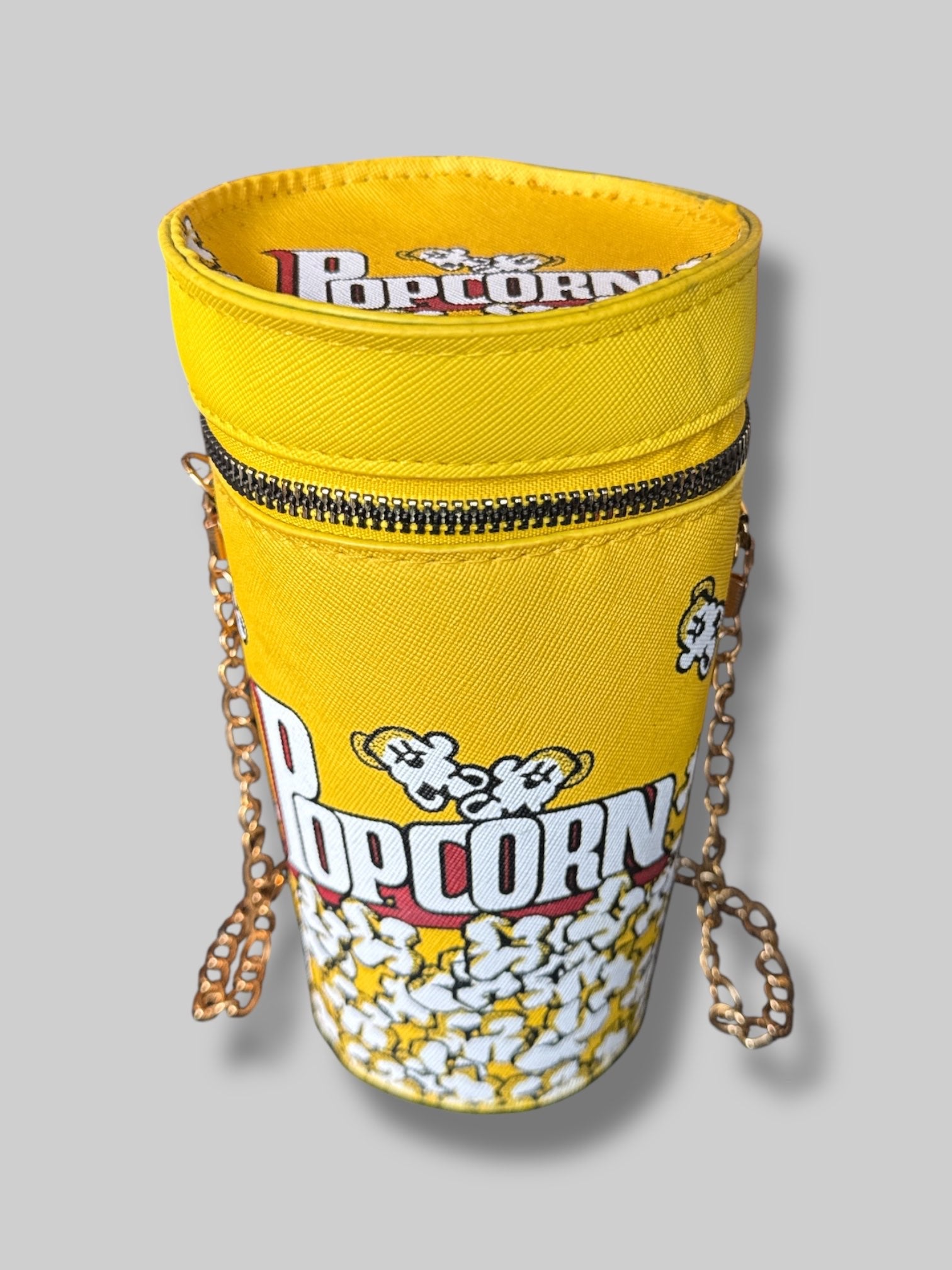 Yellow realistic popcorn bucket purse with detachable chain