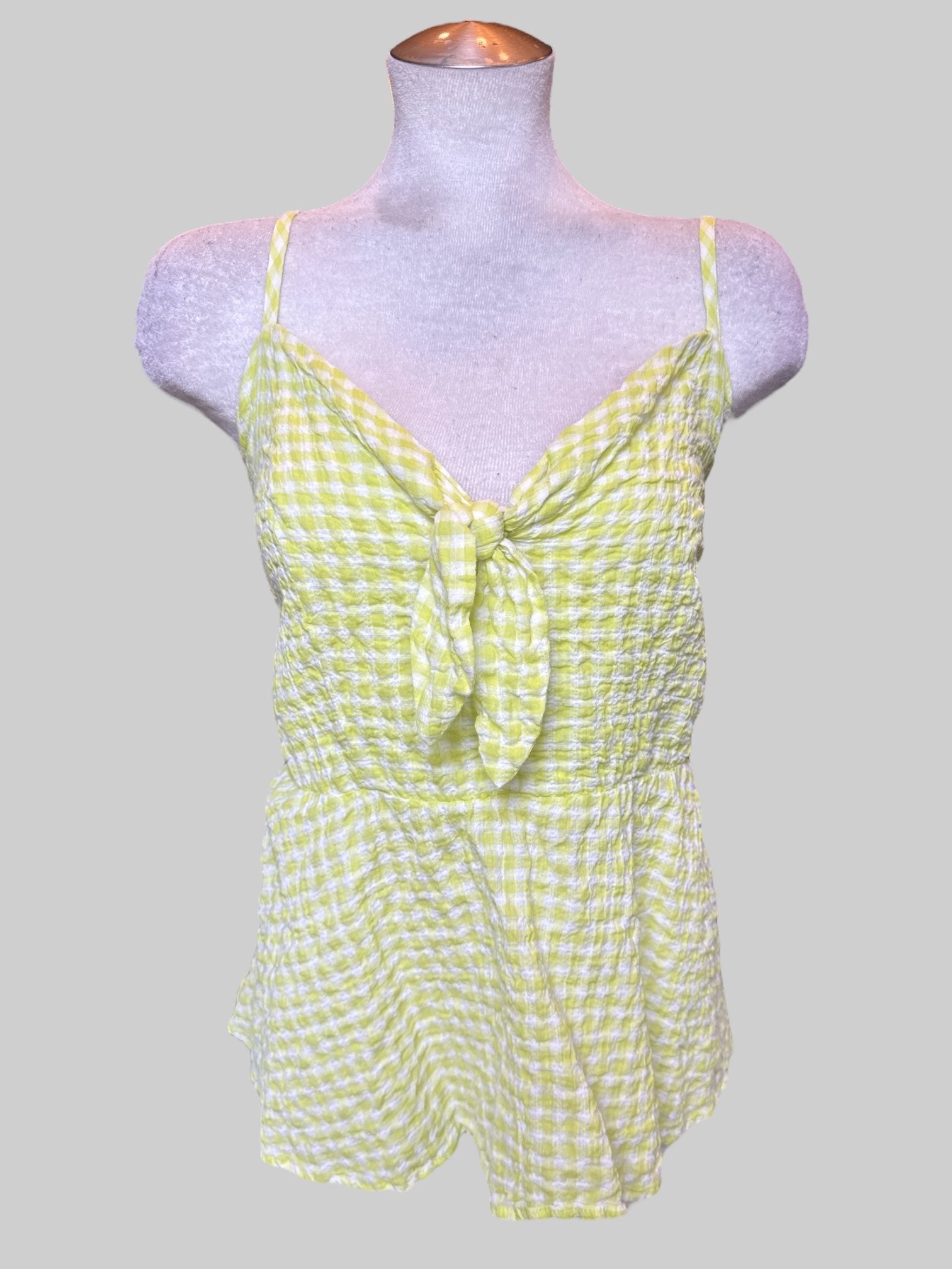 4X Yellowish green gingham sleeveless top with tie in front and shirred back