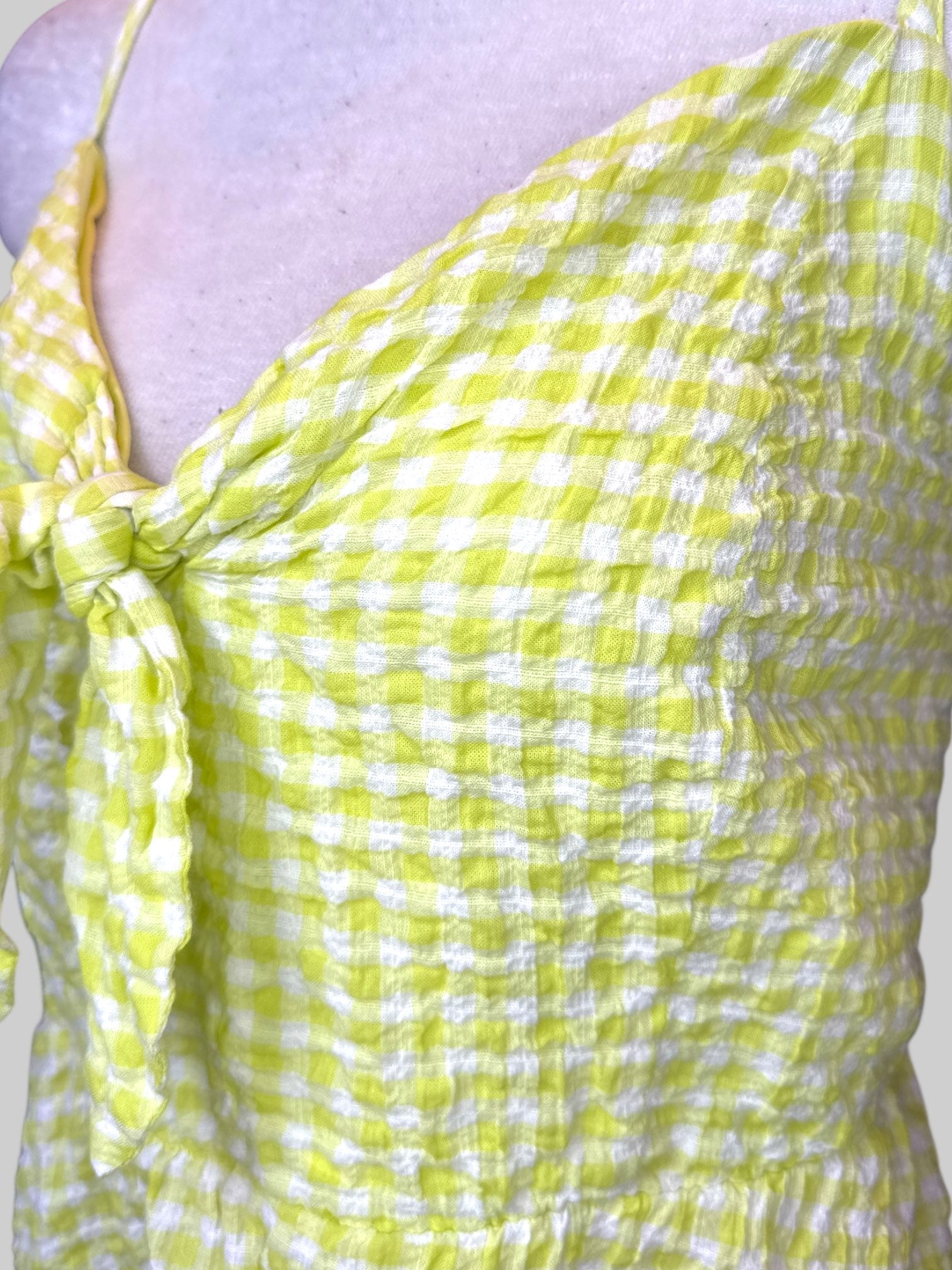 4X Yellowish green gingham sleeveless top with tie in front and shirred back
