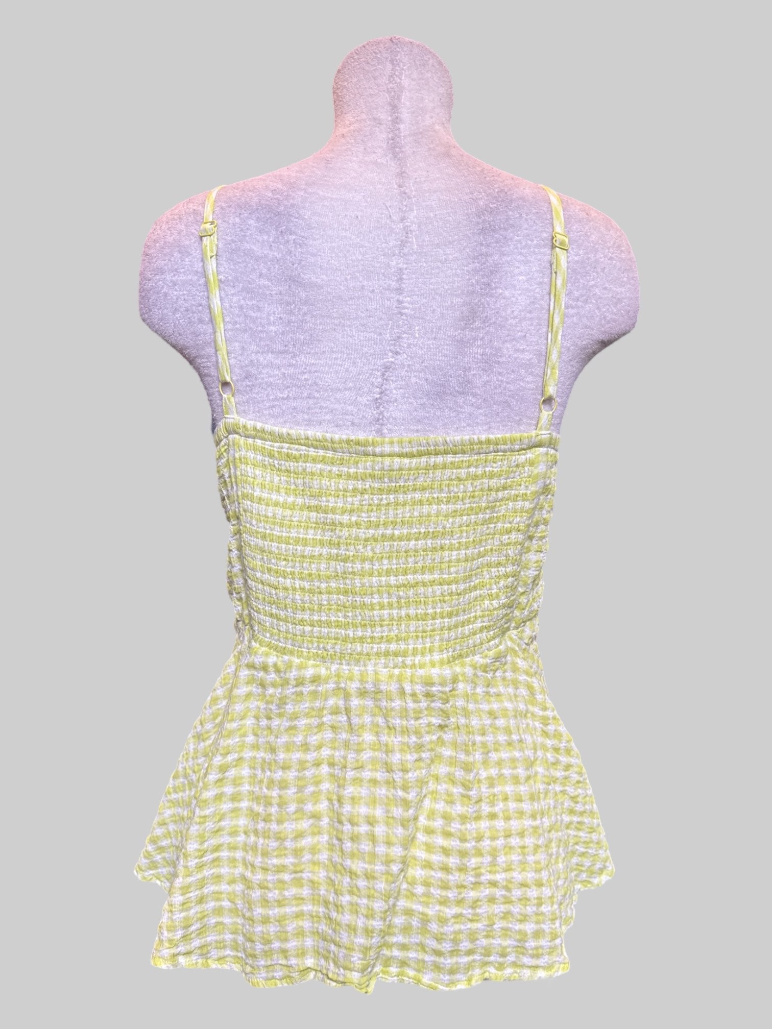 4X Yellowish green gingham sleeveless top with tie in front and shirred back