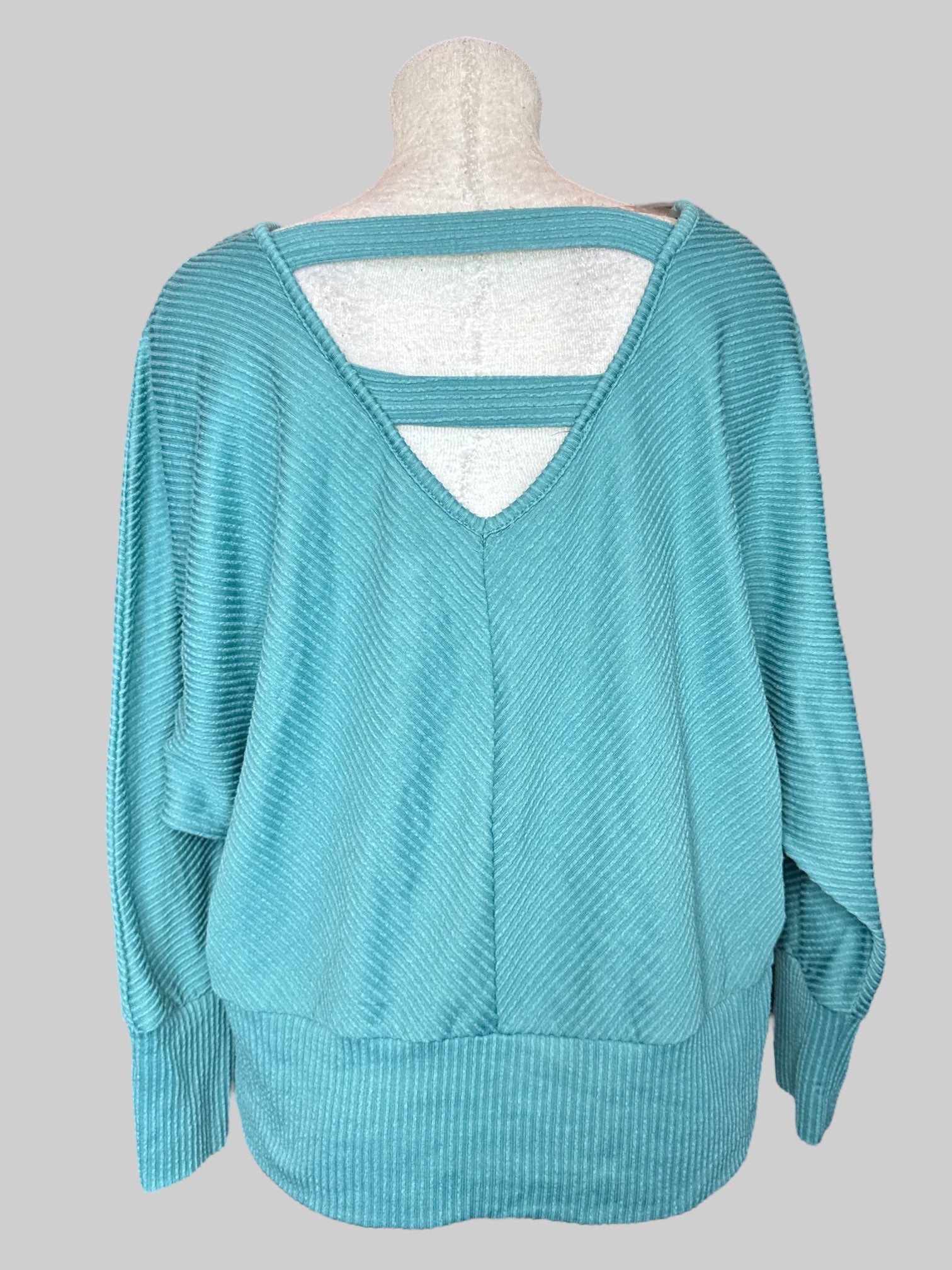 1X Turquoise ribbed textured sweater with back cutouts