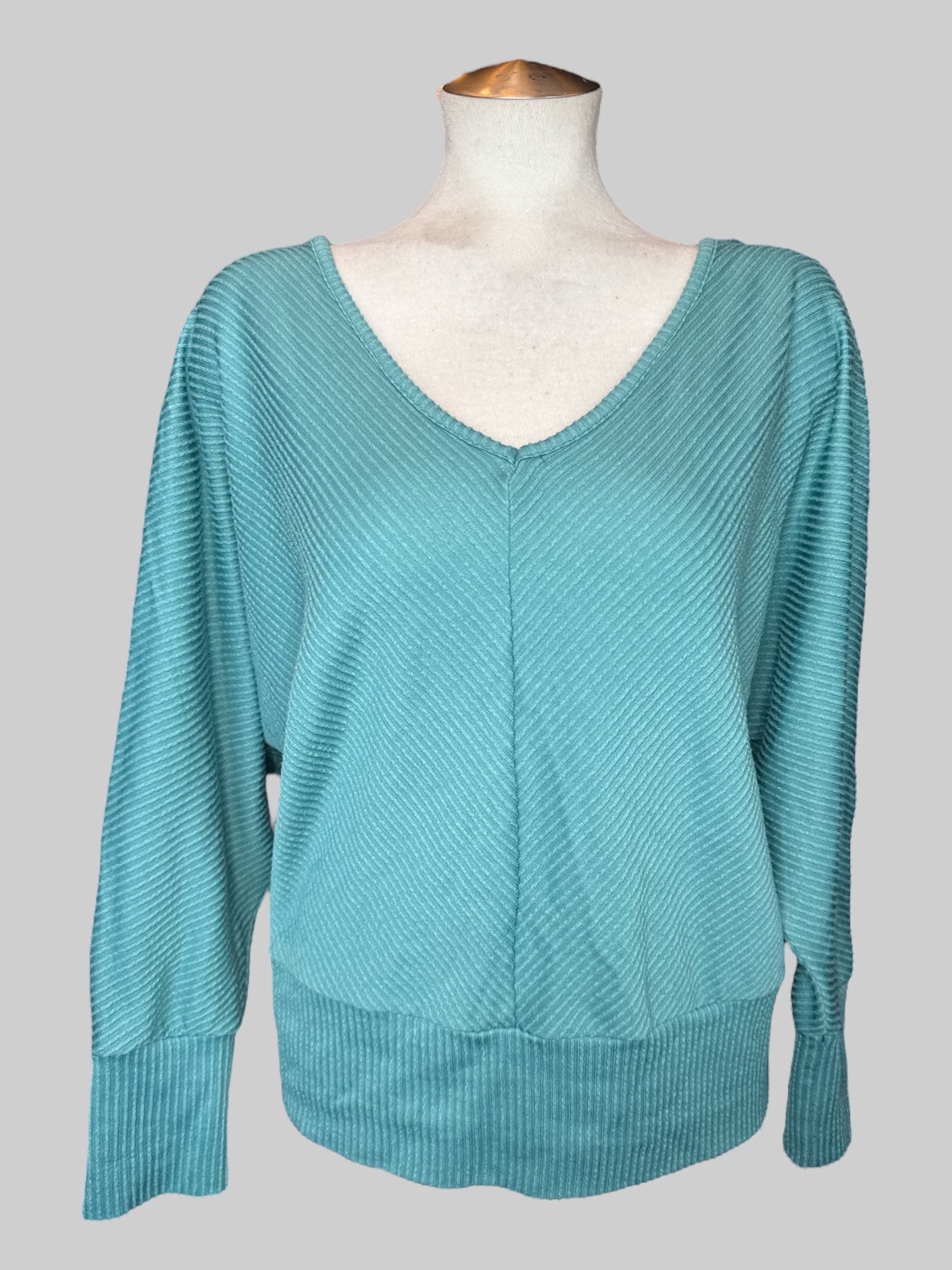 1X Turquoise ribbed textured sweater with back cutouts