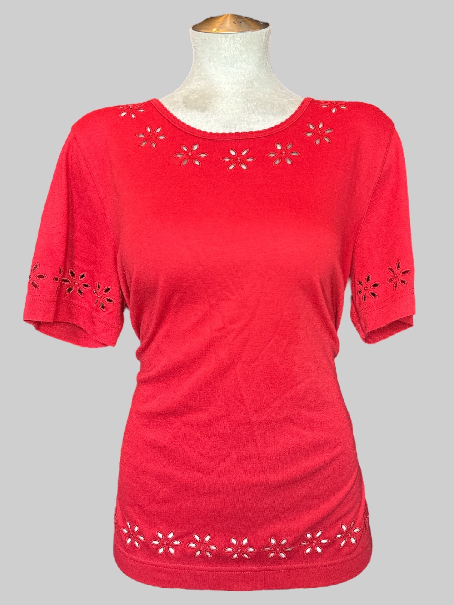1X Vintage red short sleeve shirt with flower cut outs and beads on chest, arms, and bottom of shirt