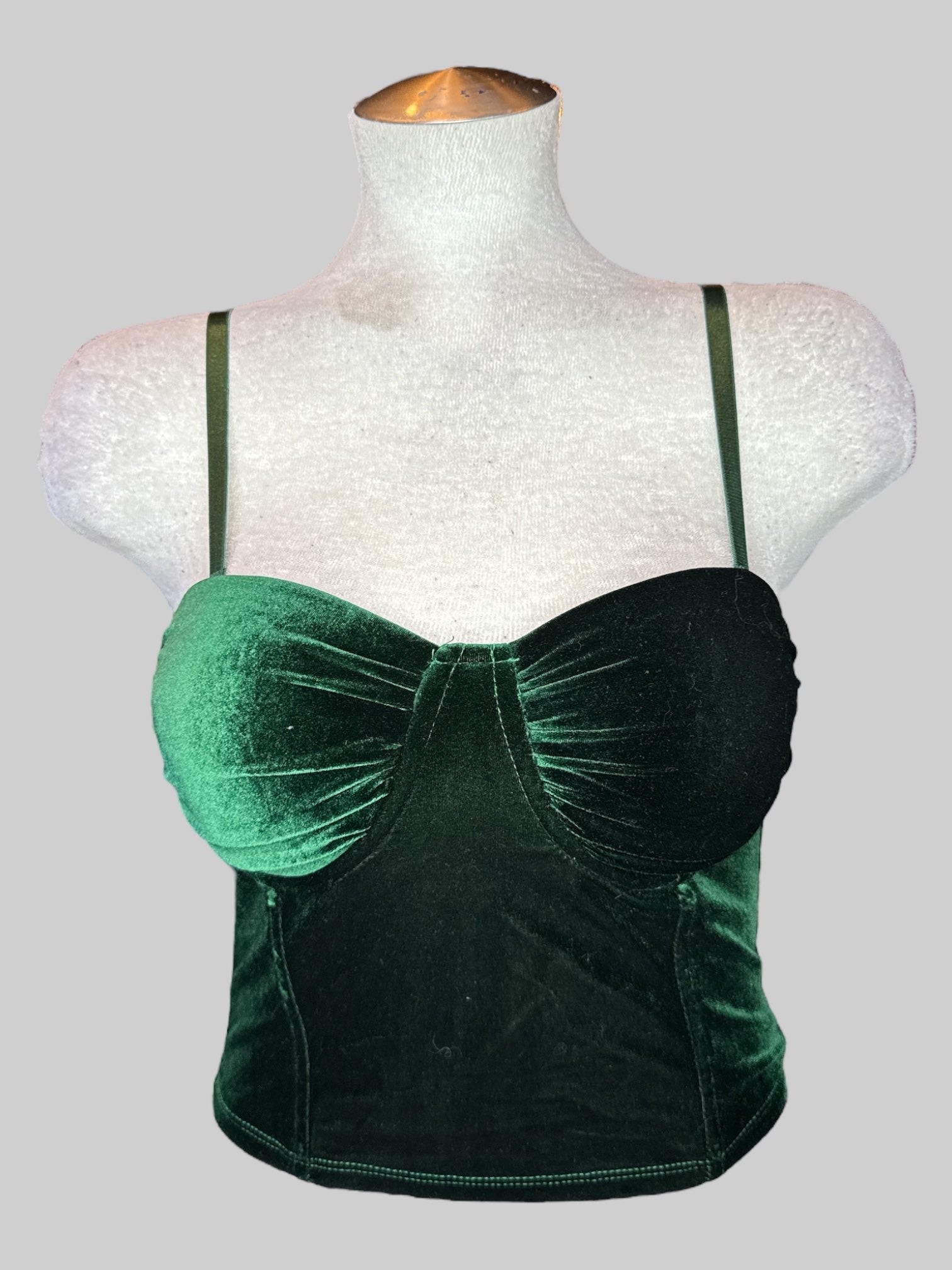 XS Green velvet sleeveless corset style top with zipper in back, removable and adjustable straps ,and missing back clasp