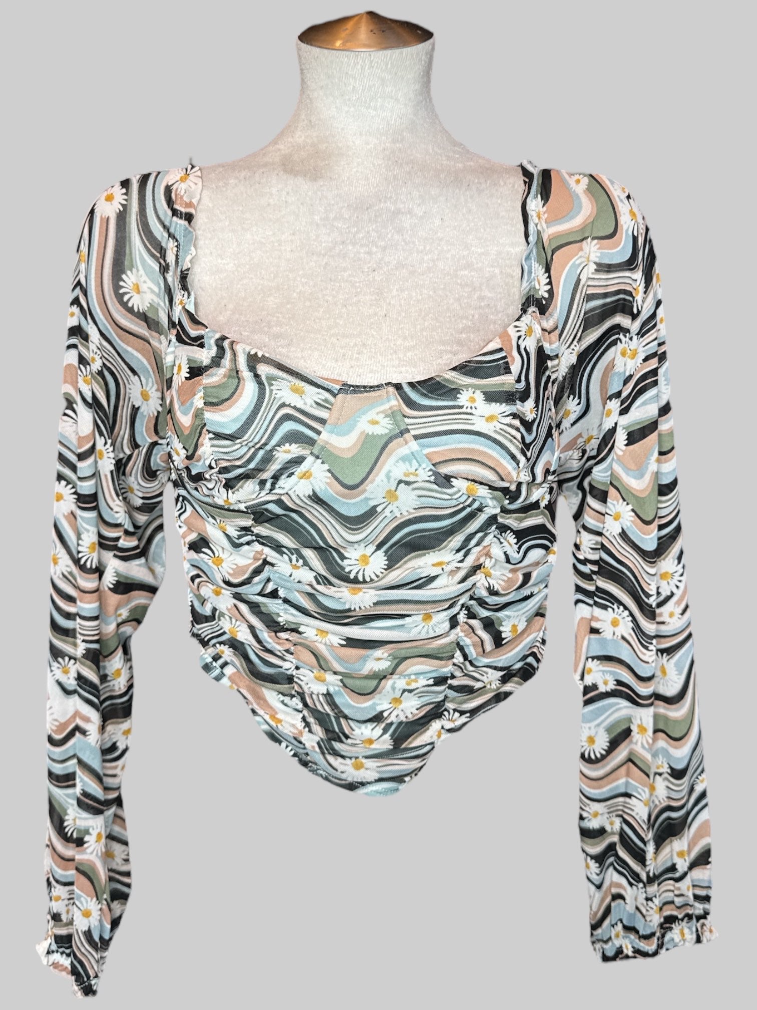 M NWT Multicolor long sleeve top with sheer sleeves, underwire in chest, and ruching  in the front