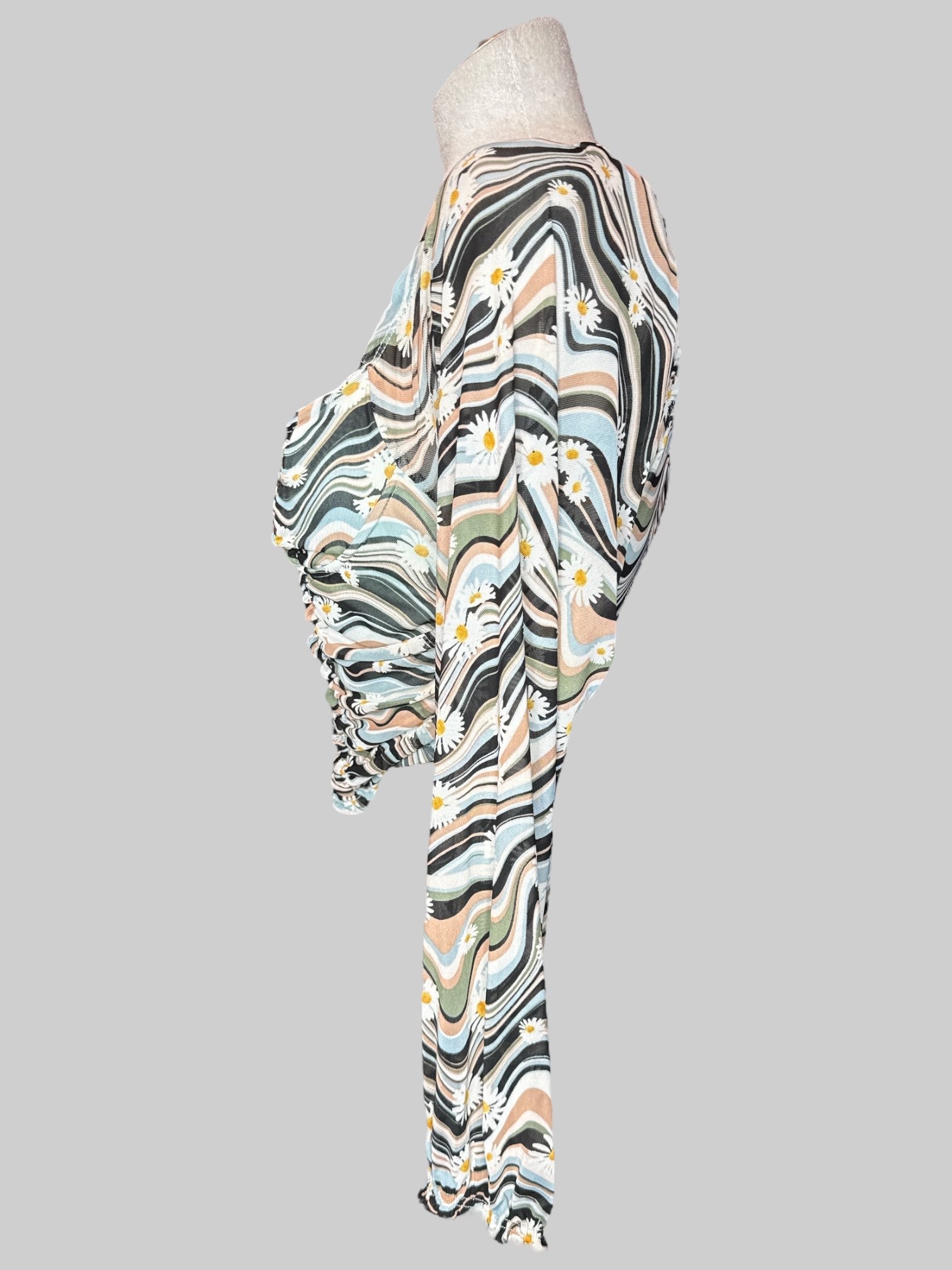 M NWT Multicolor long sleeve top with sheer sleeves, underwire in chest, and ruching  in the front